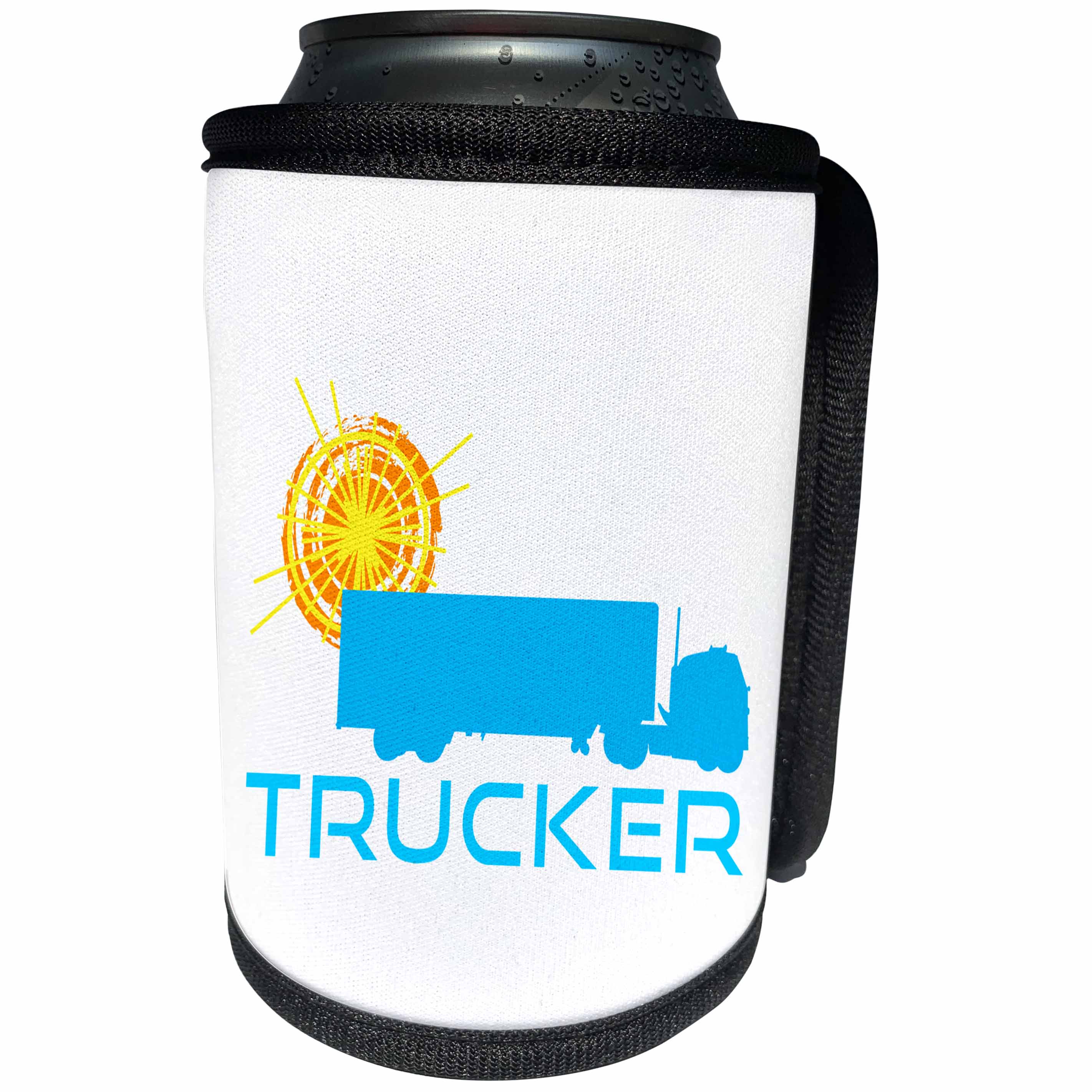 3dRose Alexis Design - Transport - Trucker. Sun, truck image, text trucker. White background - Can Cooler Bottle Wrap (cc_267214)