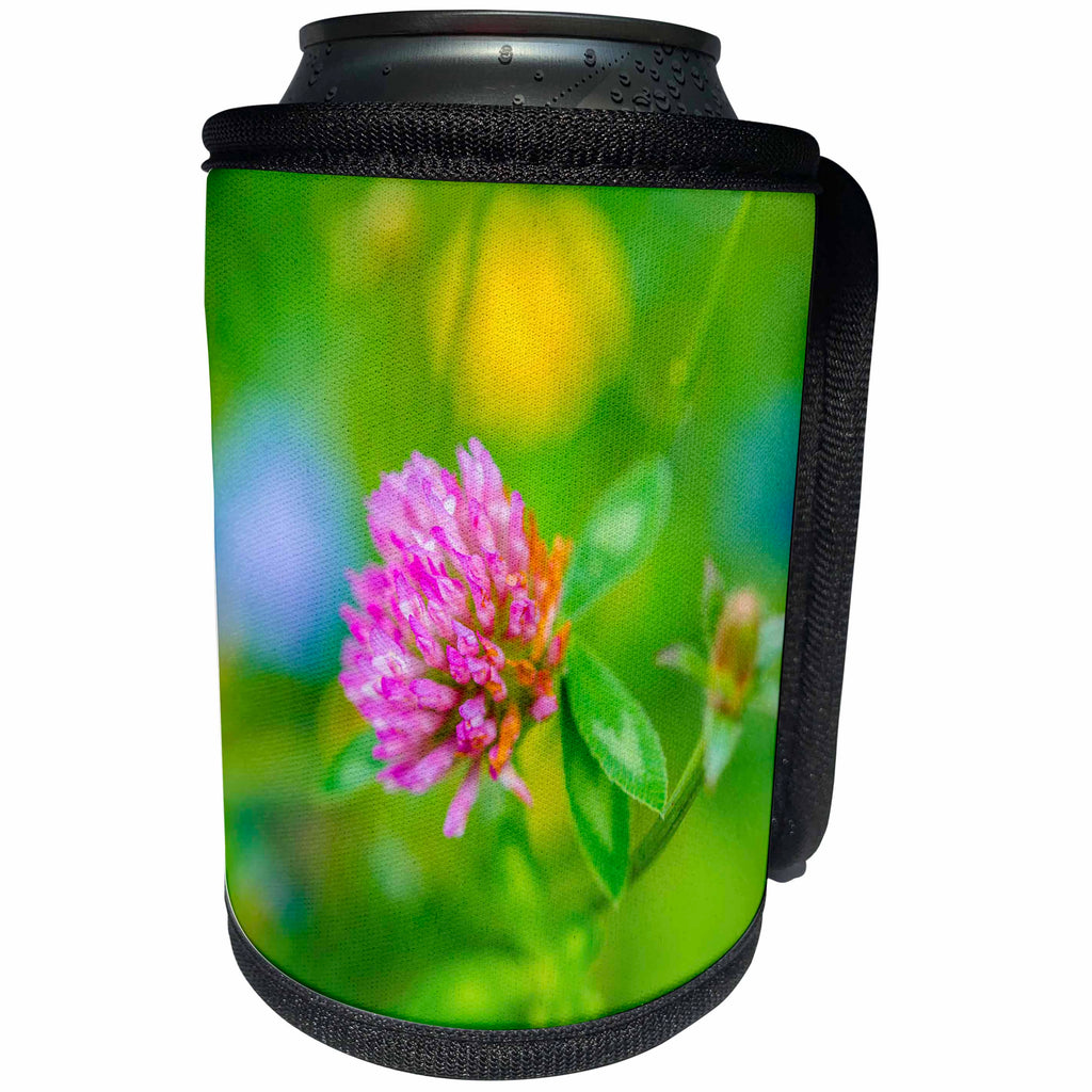 3dRose Alexis Photography - Nature Grass - Pink clover head, green grass, blue and yellow flowers - Can Cooler Bottle Wrap (cc_267230)