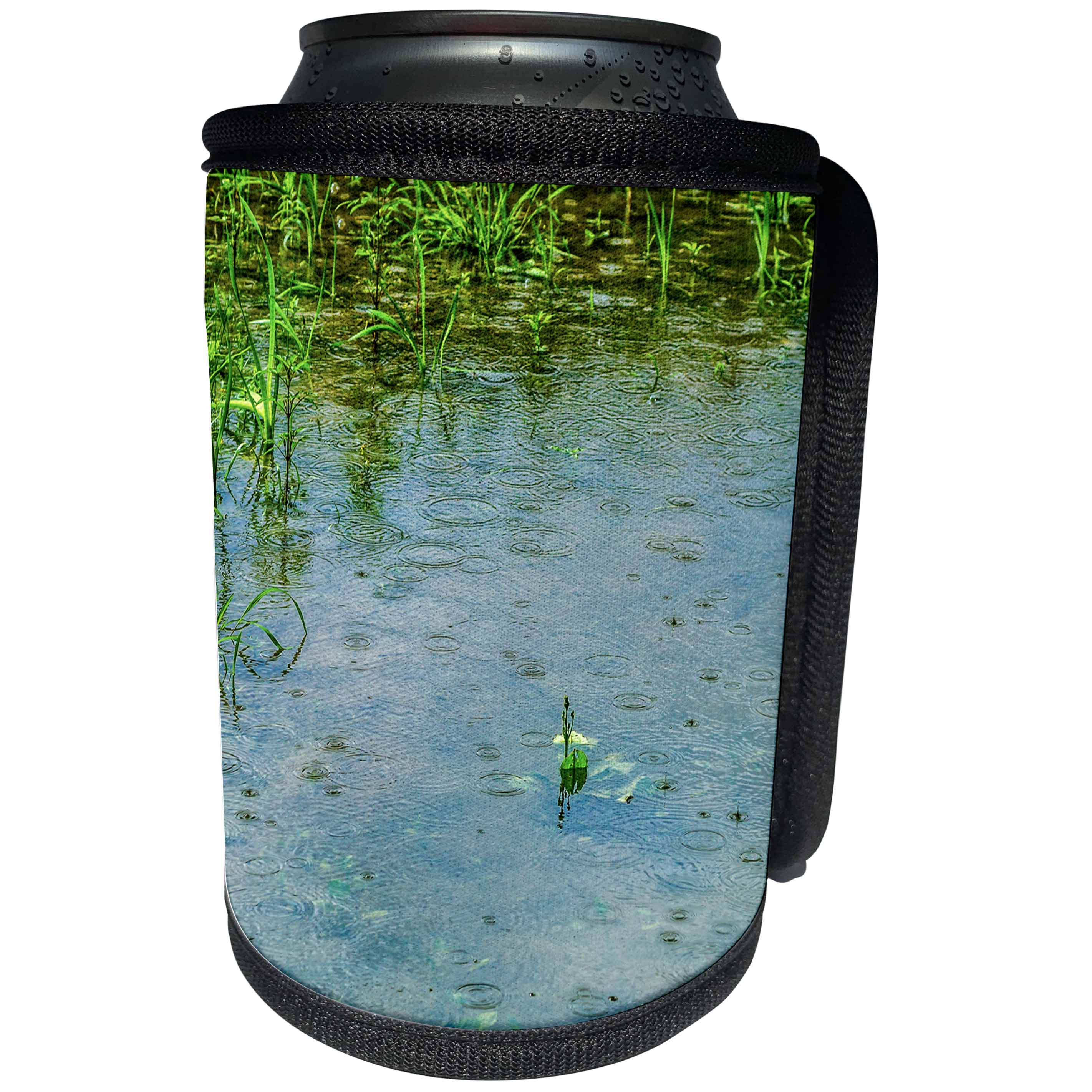 3dRose Alexis Photography - Nature Water - Pond in summer rain. Water plants, rings in the water - Can Cooler Bottle Wrap (cc_267243)