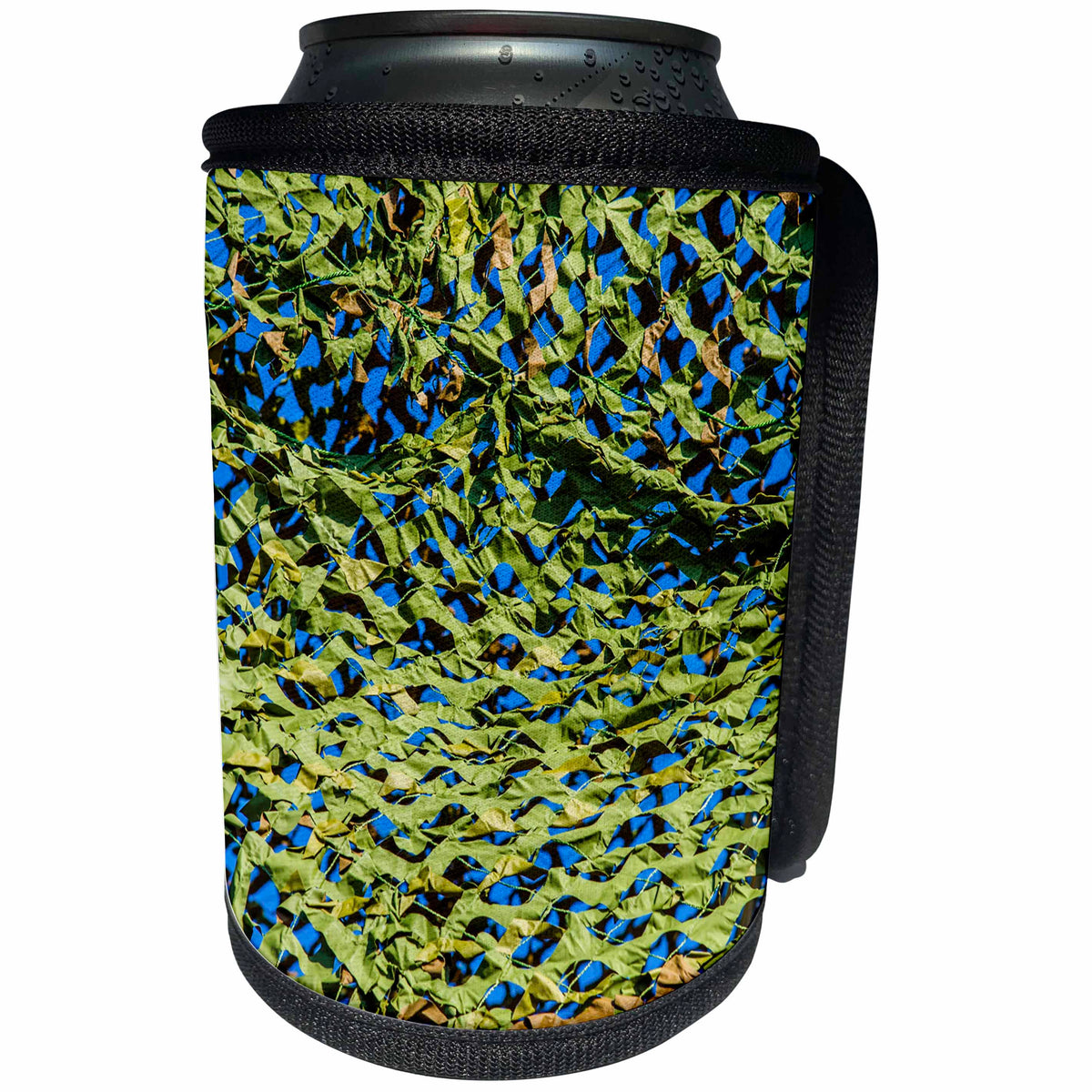 3dRose Alexis Photography - Texture - Green camouflage net, blue sky. Military style texture - Can Cooler Bottle Wrap (cc_267248)