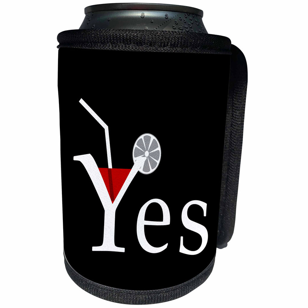 3dRose Alexis Design - Funny - Yes on black. Letter Y as a glass with wine, straw and a lemon slice - Can Cooler Bottle Wrap (cc_267251)