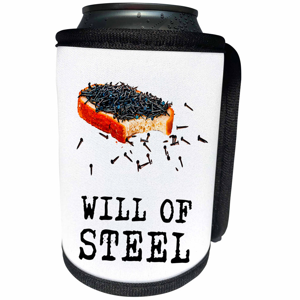 3dRose Alexis Design - Funny - Nibbled open sandwich and shoe nails. Will of steel text - Can Cooler Bottle Wrap (cc_267252)