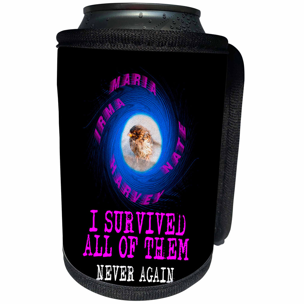 3dRose Alexis Design - Funny - Wet sparrow and hurricanes on black. Survivor. Never again - Can Cooler Bottle Wrap (cc_267253)