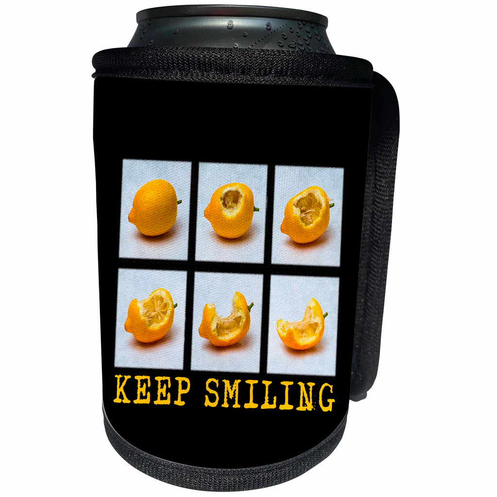 3dRose Alexis Design - Funny - Yellow lemon eaten bite by bite. Keep Smiling text. Black background - Can Cooler Bottle Wrap (cc_267255)