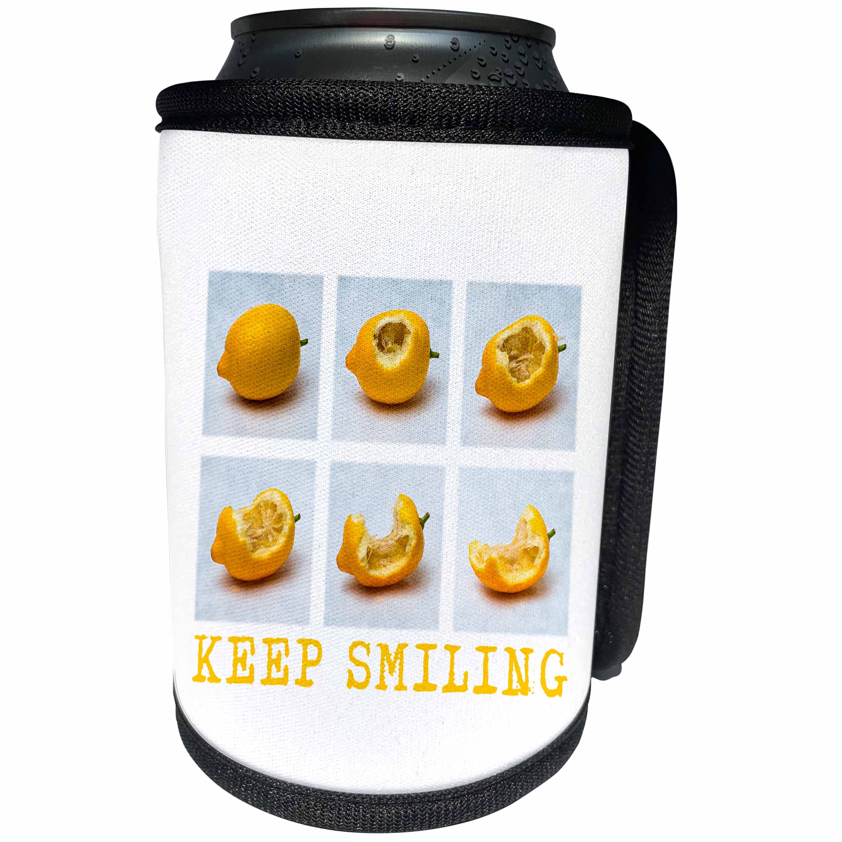 3dRose Alexis Design - Funny - Yellow lemon eaten bite by bite. Keep Smiling text. White background - Can Cooler Bottle Wrap (cc_267256)