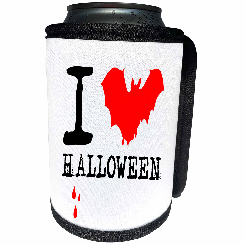 3dRose Alexis Design - Holidays Halloween - I love Halloween on white. Red bat and three drops of blood - Can Cooler Bottle Wrap (cc_267257)