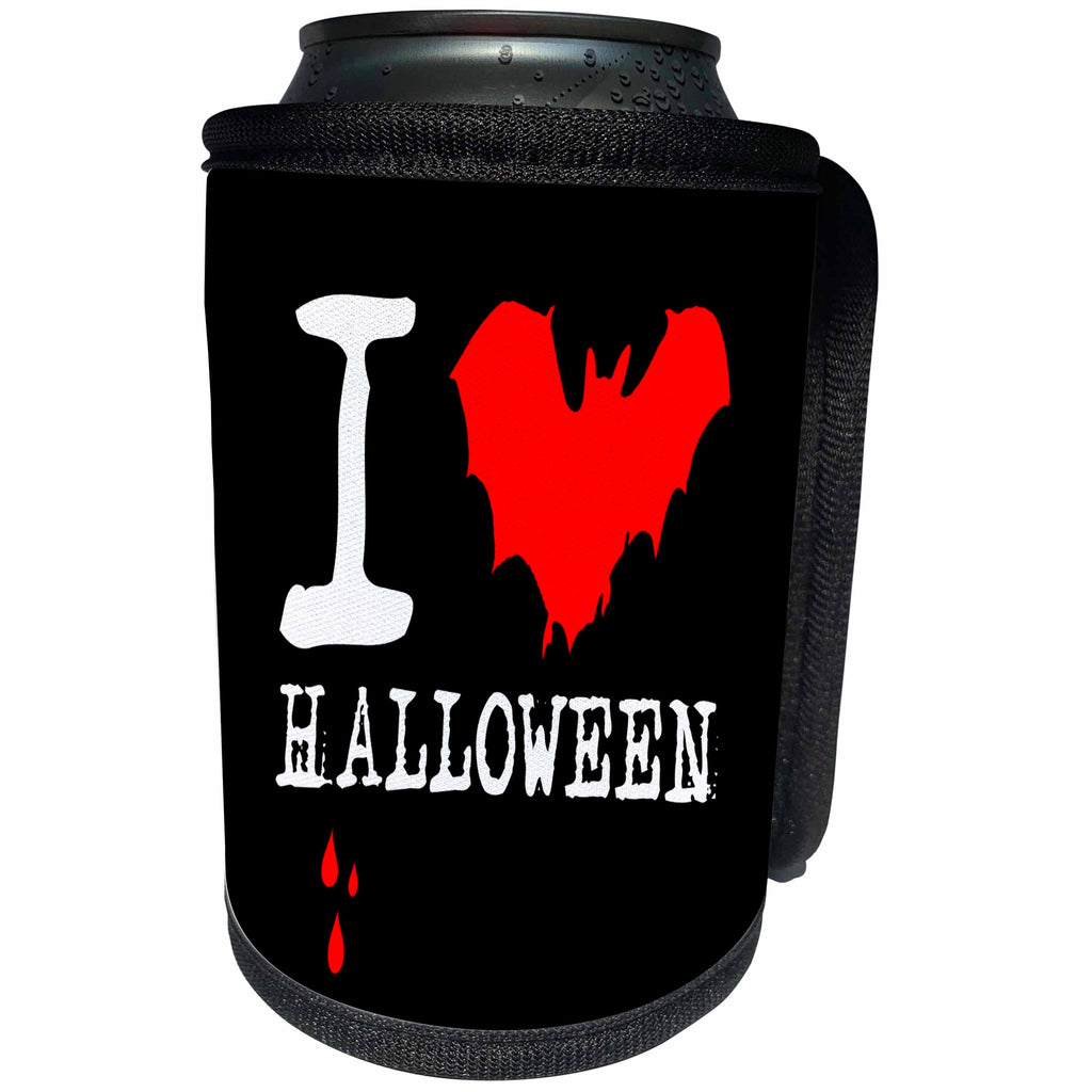 3dRose Alexis Design - Holidays Halloween - I love Halloween on black. Red bat and three drops of blood - Can Cooler Bottle Wrap (cc_267258)
