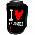 3dRose Alexis Design - Holidays Halloween - I love Halloween on black. Red bat and three drops of blood - Can Cooler Bottle Wrap (cc_267258)