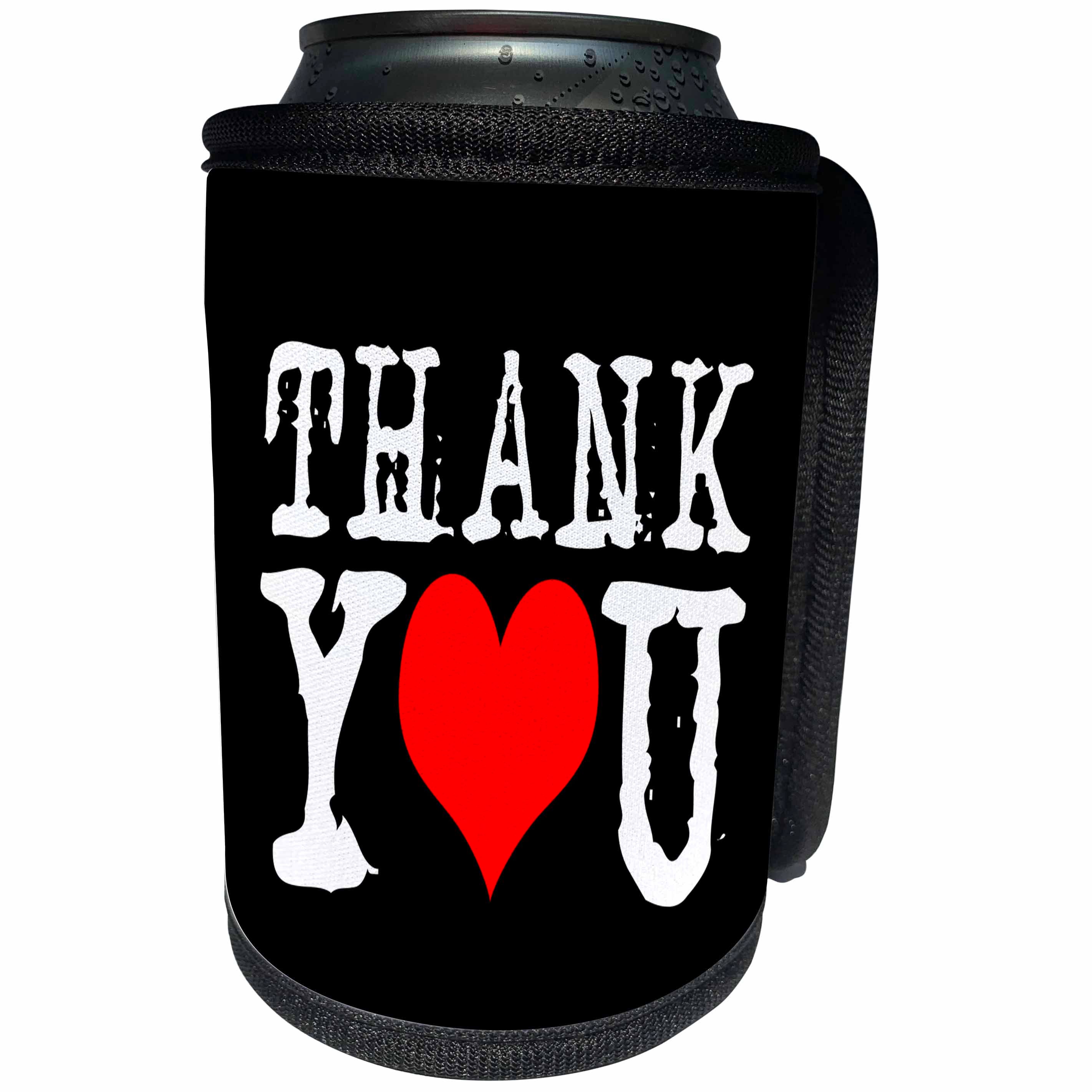 3dRose Alexis Design - Holidays Thanksgiving - Thank You. Red heart instead of the letter O. Black background - Can Cooler Bottle Wrap (cc_267260)