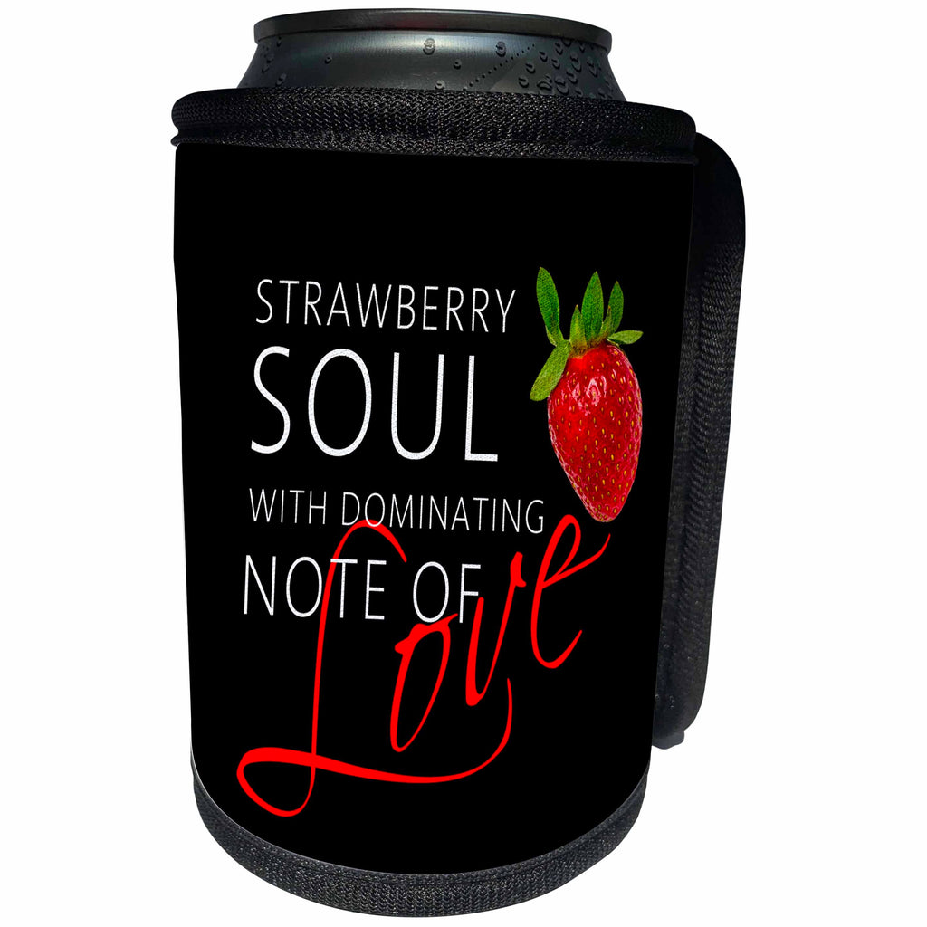 3dRose Alexis Design - Love - Strawberry soul with dominating note of love. Black background - Can Cooler Bottle Wrap (cc_267264)