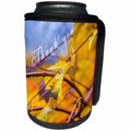 3dRose Alexis Photography - Holidays Thanksgiving - Wet yellow leaves. White text Thank you. Thanksgiving theme - Can Cooler Bottle Wrap (cc_267279)