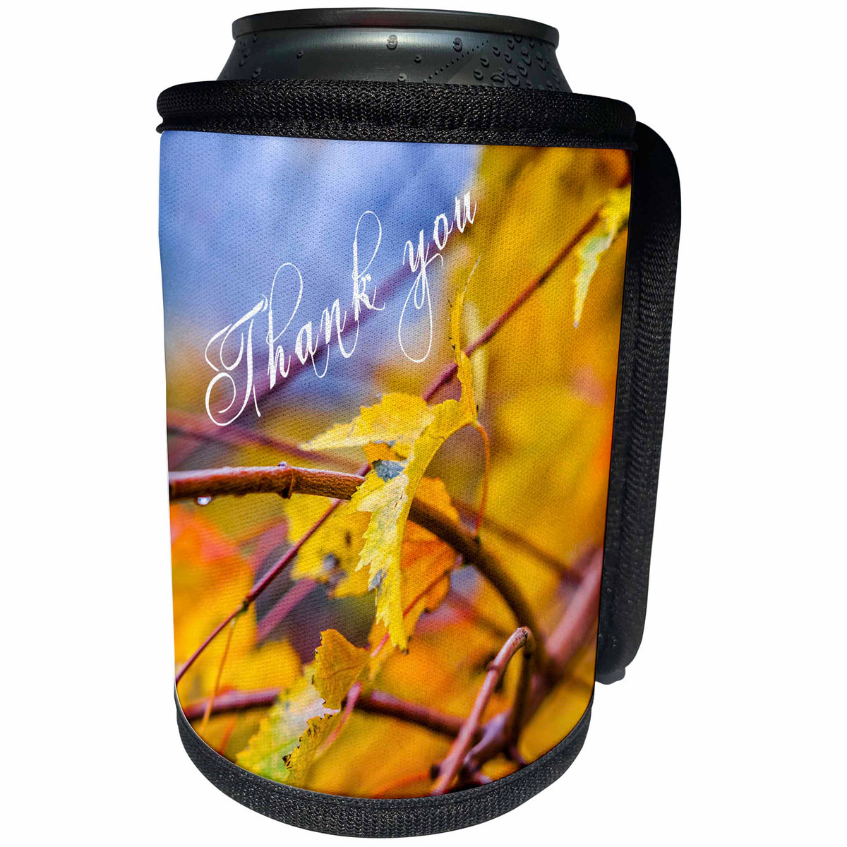 3dRose Alexis Photography - Holidays Thanksgiving - Wet yellow leaves. White text Thank you. Thanksgiving theme - Can Cooler Bottle Wrap (cc_267279)
