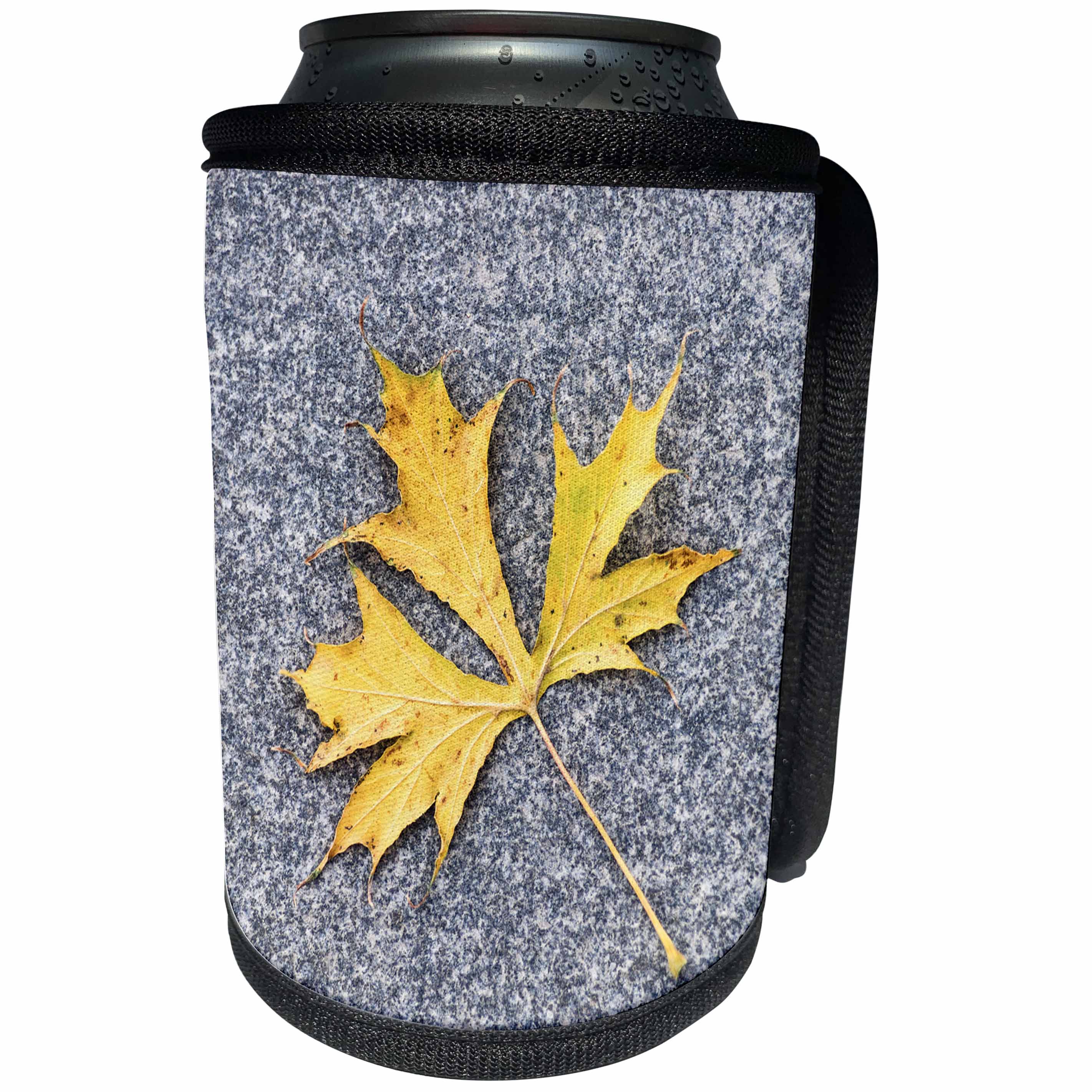 3dRose Alexis Photography - Seasons Autumn - Single yellow maple leaf, grey granite stone background - Can Cooler Bottle Wrap (cc_267349)
