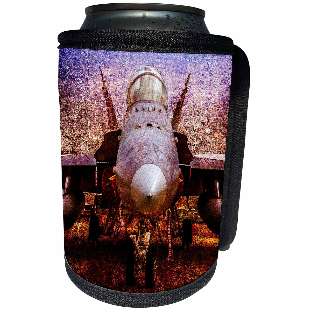 3dRose Alexis Photography - Transport Air - Stylized image of a modern fighter plane on the ground - Can Cooler Bottle Wrap (cc_267358)