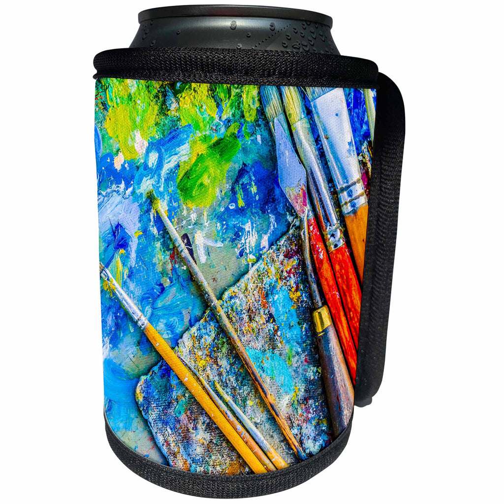 3dRose Alexis Photography - Objects - Painting Brushes, Knife, Palette. Tools of Creation - Can Cooler Bottle Wrap (cc_267412)