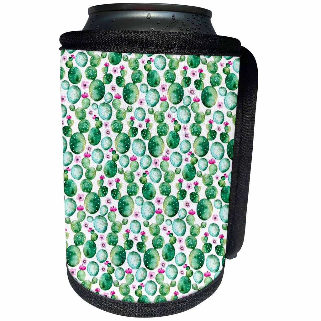 3dRose Anne Marie Baugh - Pattern - Watercolor Green, Pink, and Purple Floral Cactus Pattern - Can Cooler Bottle Wrap (cc_267418)