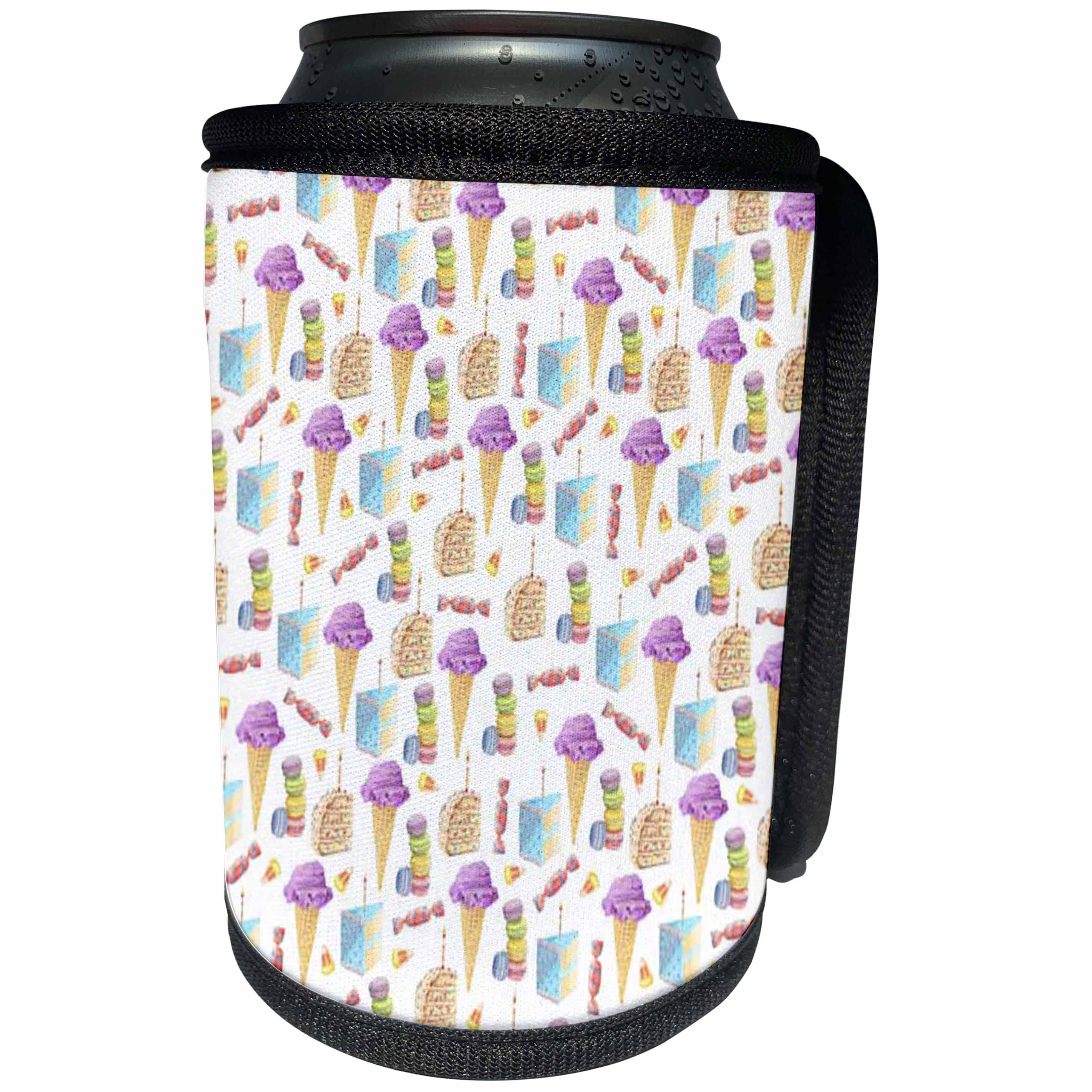 3dRose Anne Marie Baugh - Pattern - Cute Purple and Blue Ice Cream Cones, Cake, Cookies, Candy Pattern - Can Cooler Bottle Wrap (cc_267420)