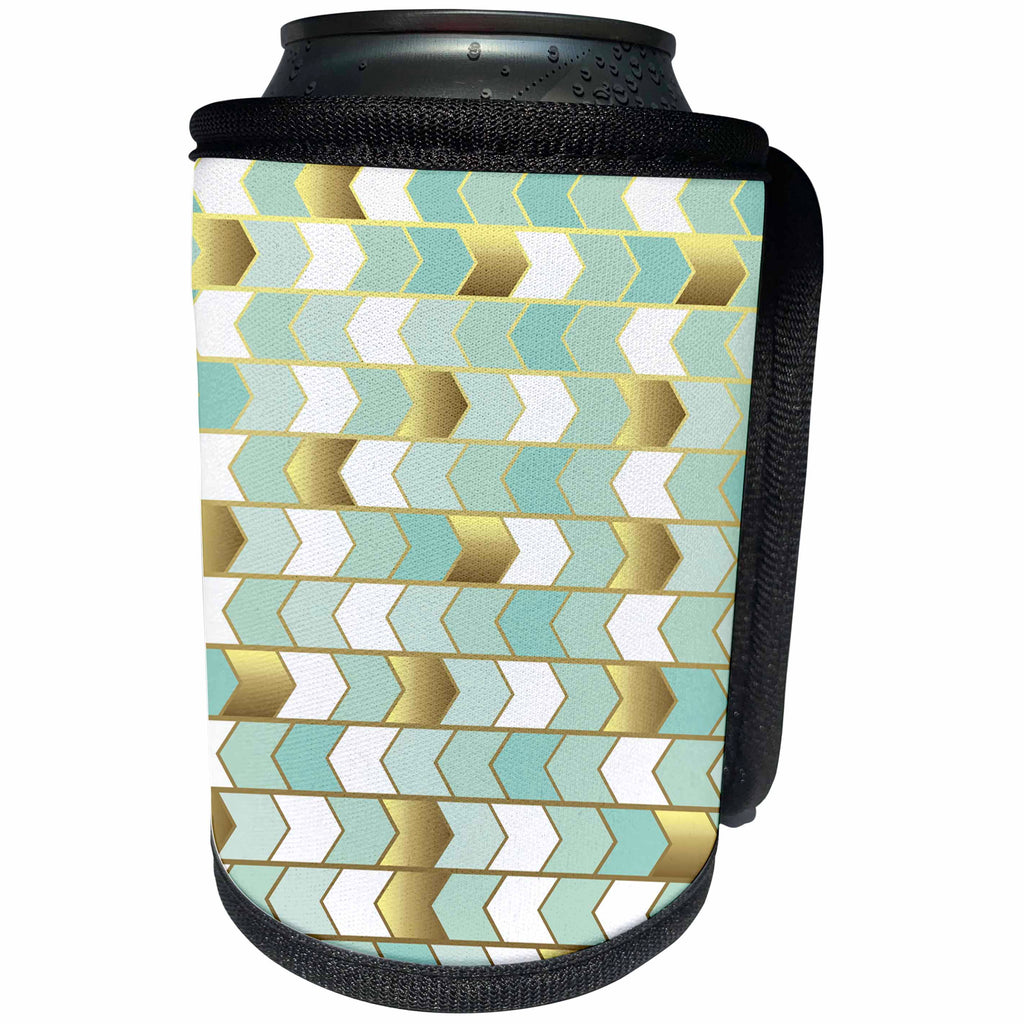 3dRose Anne Marie Baugh - Pattern - Glam Aqua, White, and Gold Side Arrow Stripes Pattern - Can Cooler Bottle Wrap (cc_267426)