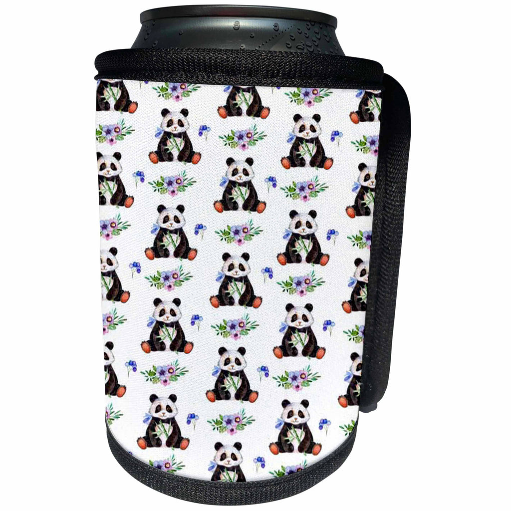 3dRose Anne Marie Baugh - Pattern - Cute Watercolor Panda Bears and Floral Pattern - Can Cooler Bottle Wrap (cc_267429)