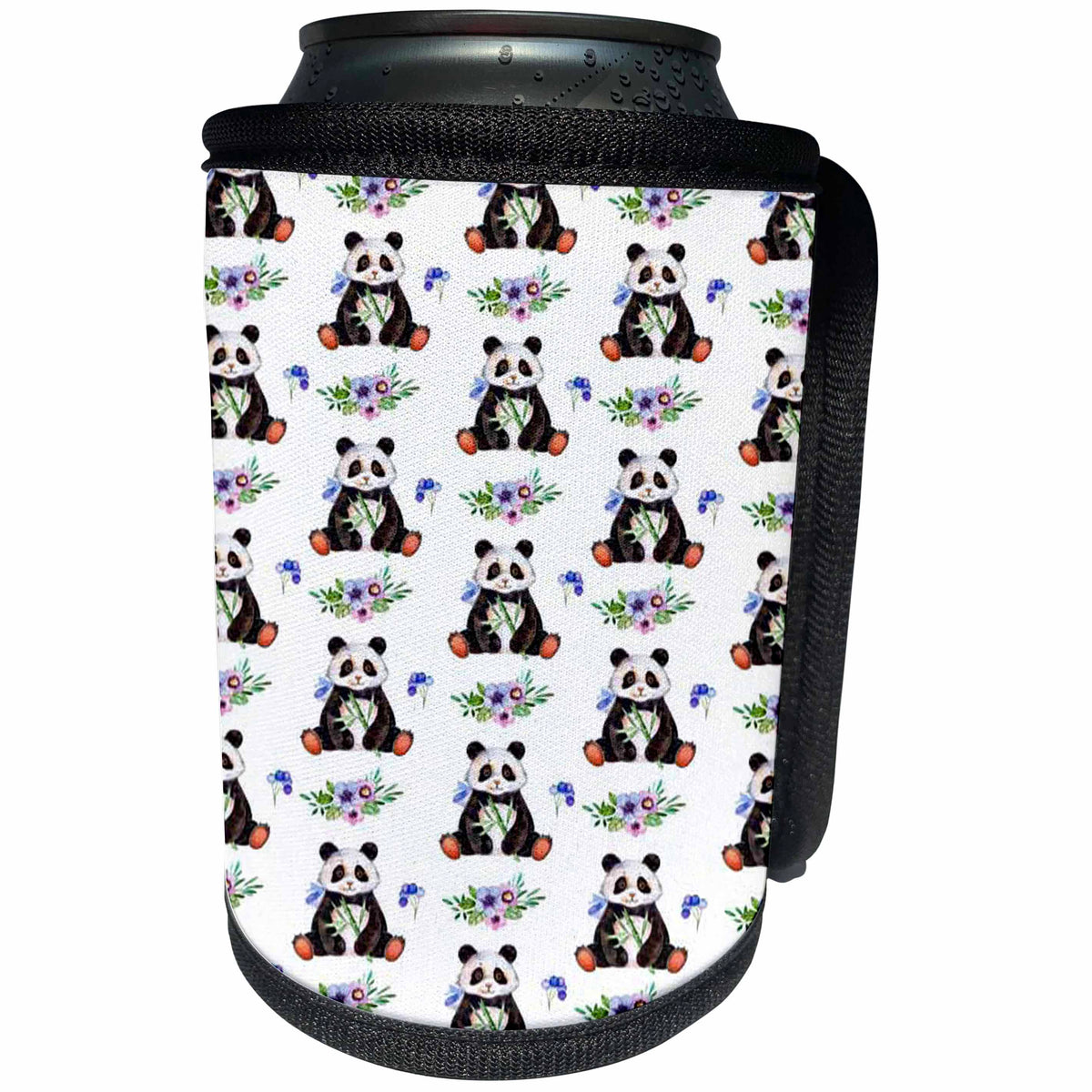 3dRose Anne Marie Baugh - Pattern - Cute Watercolor Panda Bears and Floral Pattern - Can Cooler Bottle Wrap (cc_267429)