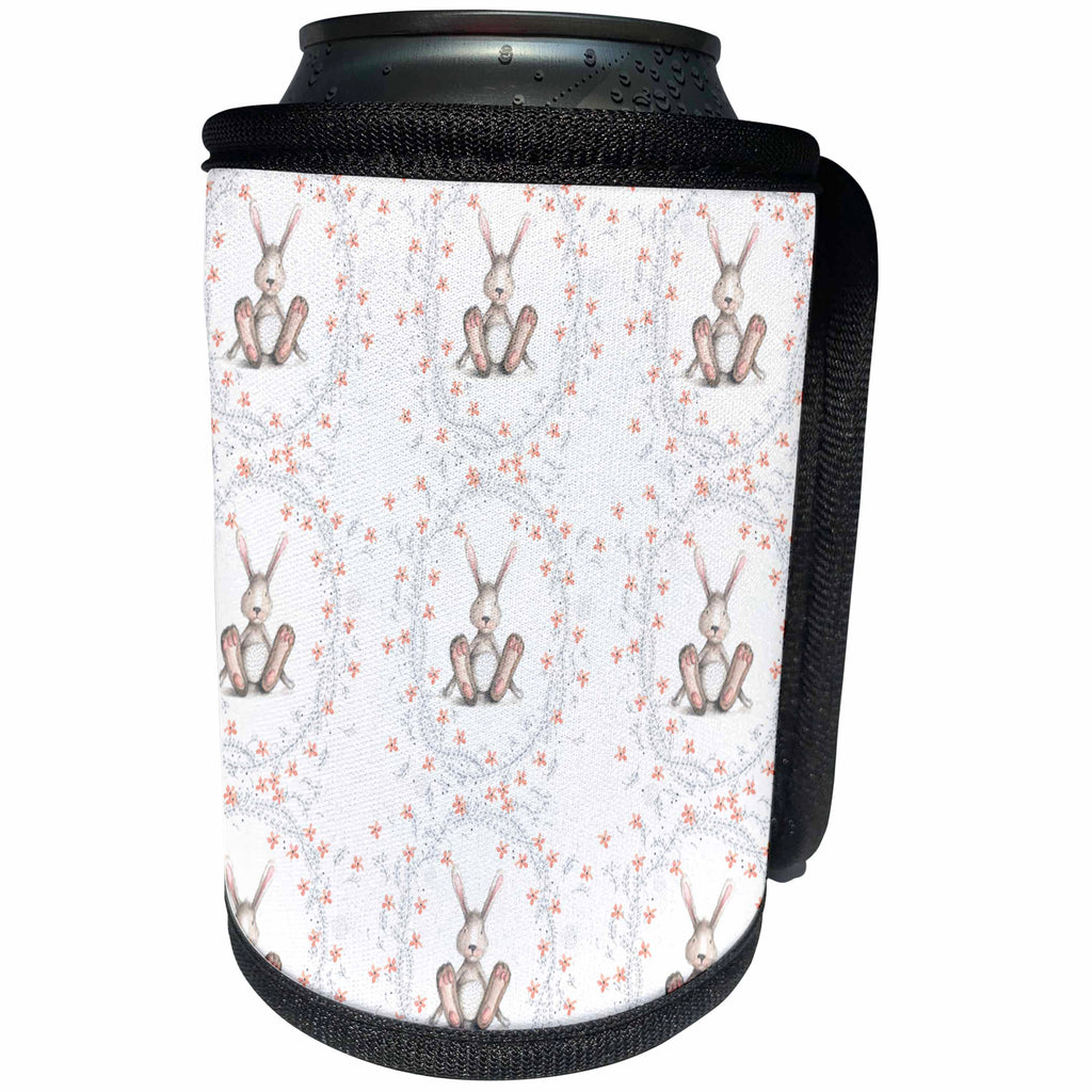 3dRose Anne Marie Baugh - Pattern - Cute Floral Bunny Pattern - Can Cooler Bottle Wrap (cc_267431)