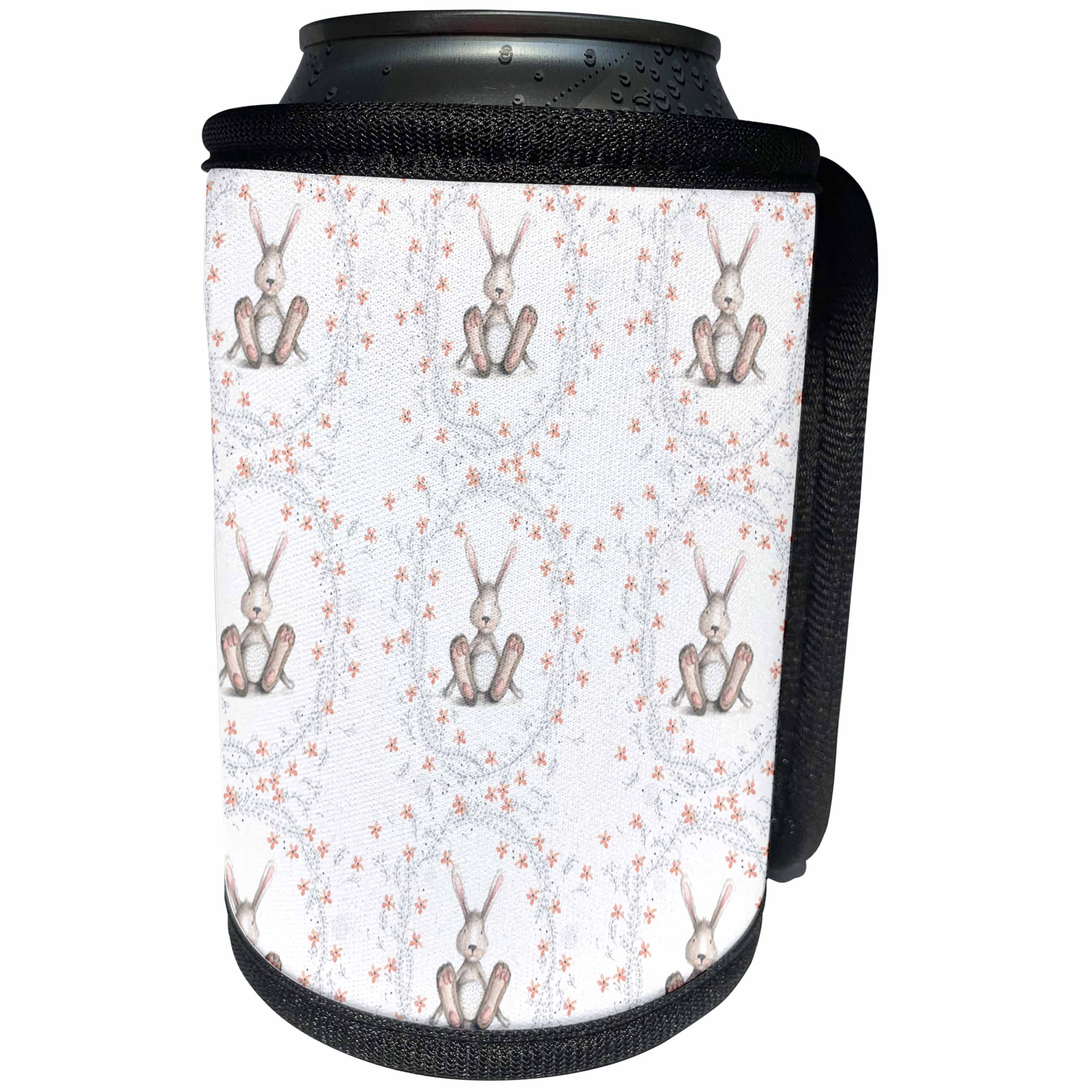 3dRose Anne Marie Baugh - Pattern - Cute Floral Bunny Pattern - Can Cooler Bottle Wrap (cc_267431)