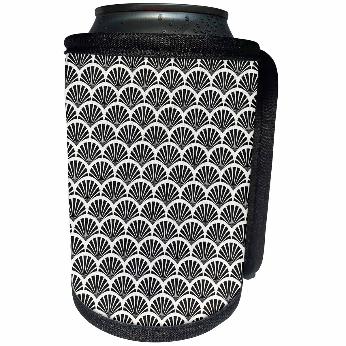 3dRose Anne Marie Baugh - Pattern - Pretty Black and White Fancy Fan Pattern - Can Cooler Bottle Wrap (cc_267435)