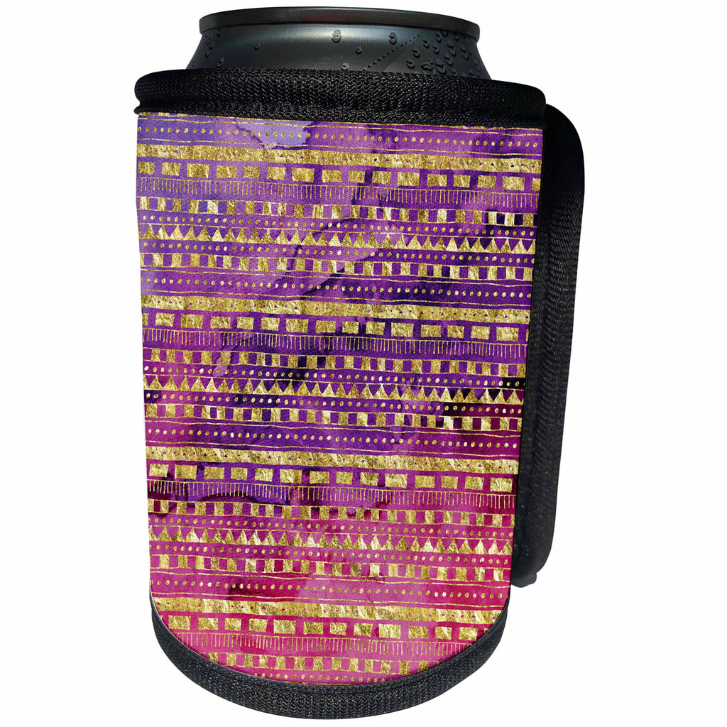 3dRose Anne Marie Baugh - Pattern - Watercolor Purple, Pink, and Gold Aztec Stripes Pattern - Can Cooler Bottle Wrap (cc_267438)