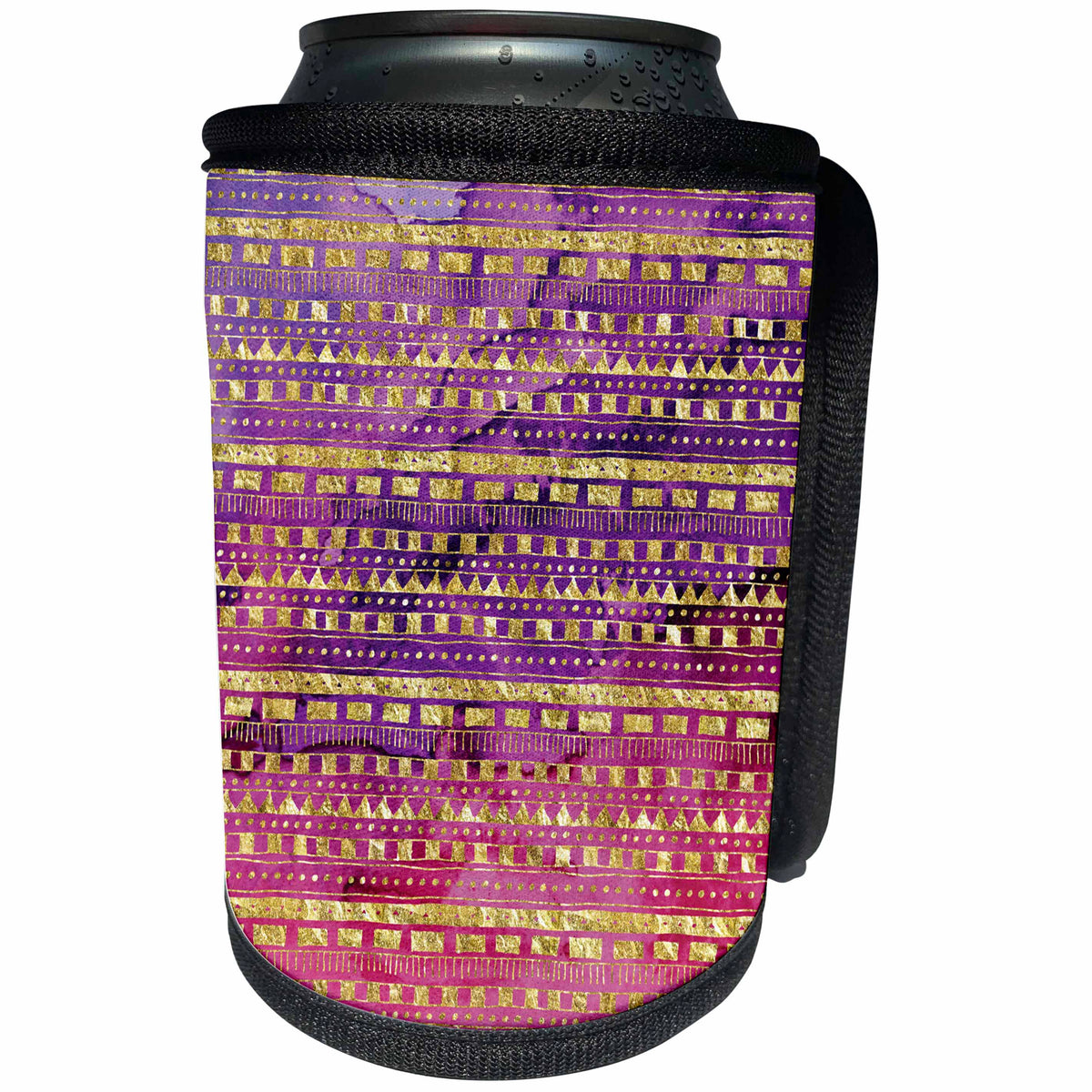 3dRose Anne Marie Baugh - Pattern - Watercolor Purple, Pink, and Gold Aztec Stripes Pattern - Can Cooler Bottle Wrap (cc_267438)