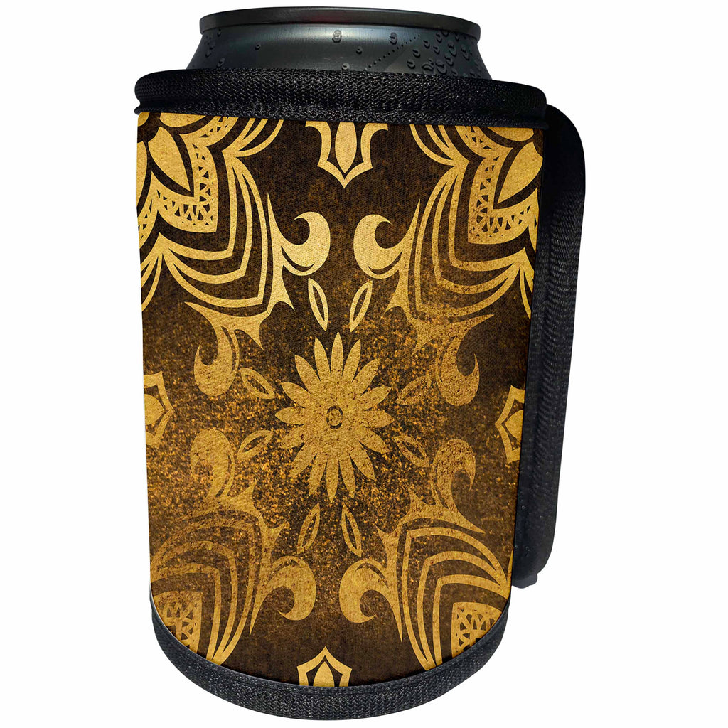 3dRose Anne Marie Baugh - Pattern - Fancy Gold and Brown Floral Pattern - Can Cooler Bottle Wrap (cc_267439)