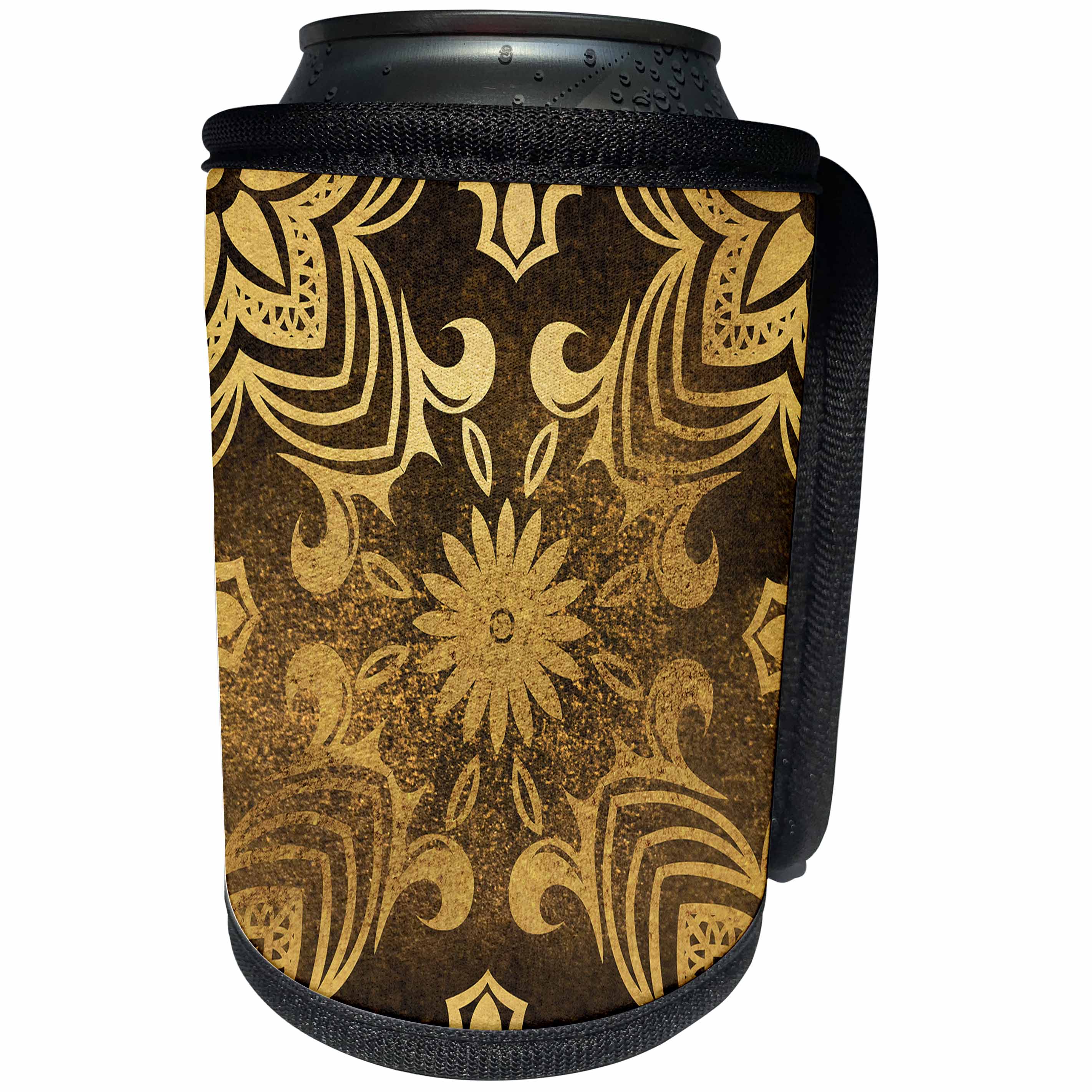 3dRose Anne Marie Baugh - Pattern - Fancy Gold and Brown Floral Pattern - Can Cooler Bottle Wrap (cc_267439)