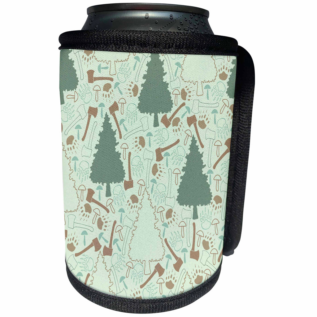 3dRose Anne Marie Baugh - Pattern - Forest and Logging Pattern With Trees, Bear Prints, and Axes - Can Cooler Bottle Wrap (cc_267445)