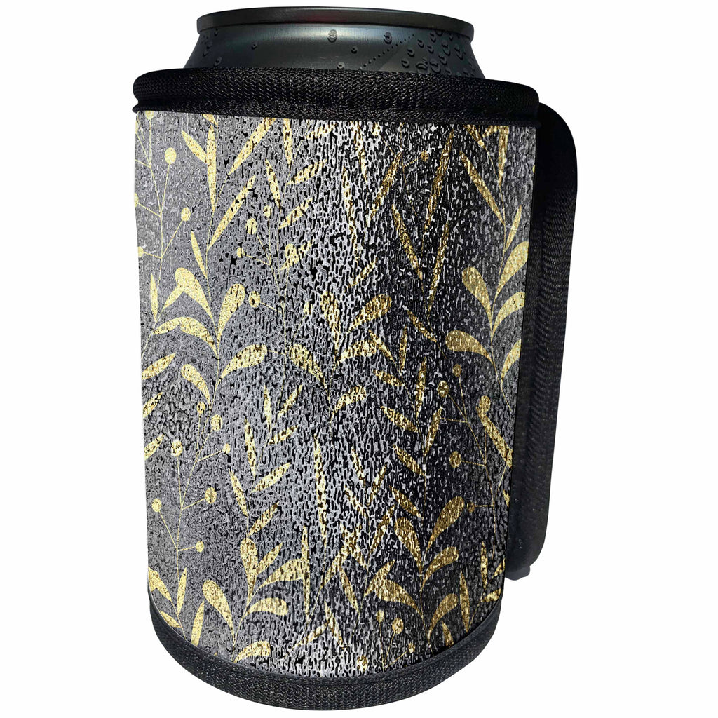 3dRose Anne Marie Baugh - Pattern - Glam Silver and Gold Metallic Look Leafy Pattern - Can Cooler Bottle Wrap (cc_267447)
