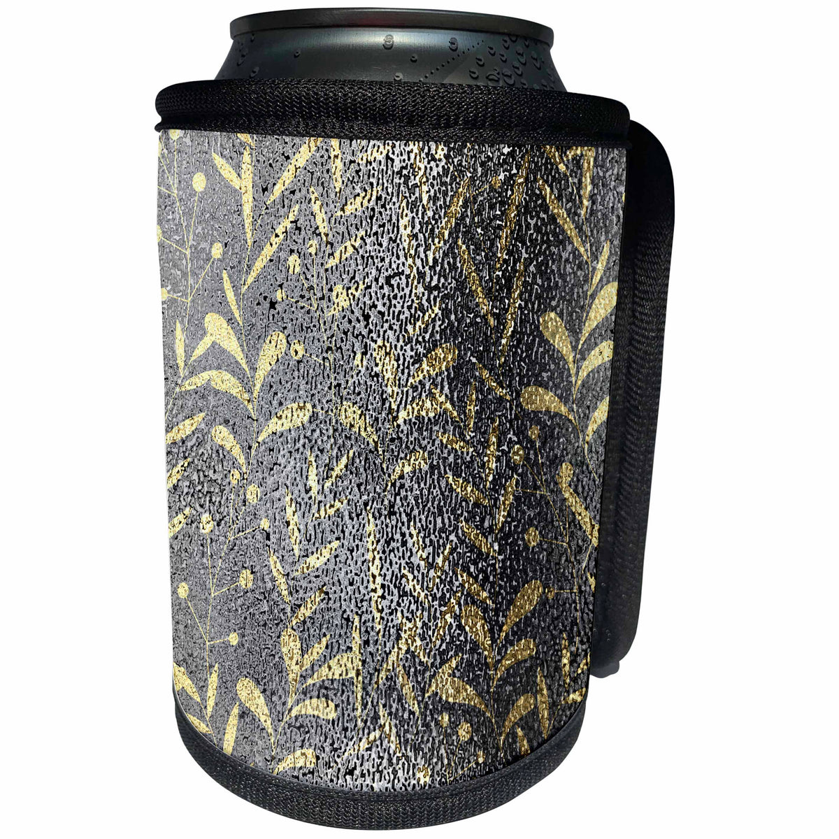 3dRose Anne Marie Baugh - Pattern - Glam Silver and Gold Metallic Look Leafy Pattern - Can Cooler Bottle Wrap (cc_267447)