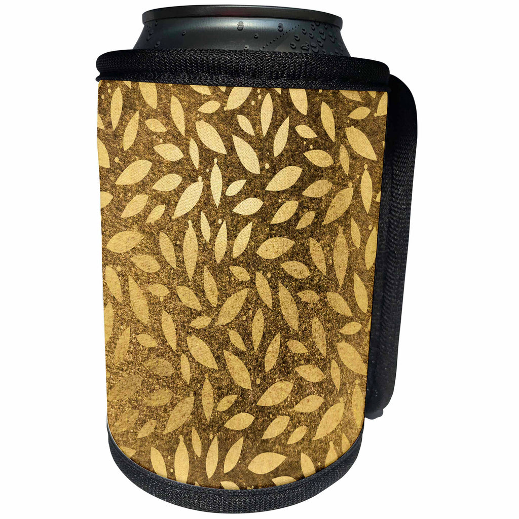 3dRose Anne Marie Baugh - Pattern - Digital Gold On Gold Scattered Leaves Pattern - Can Cooler Bottle Wrap (cc_267448)