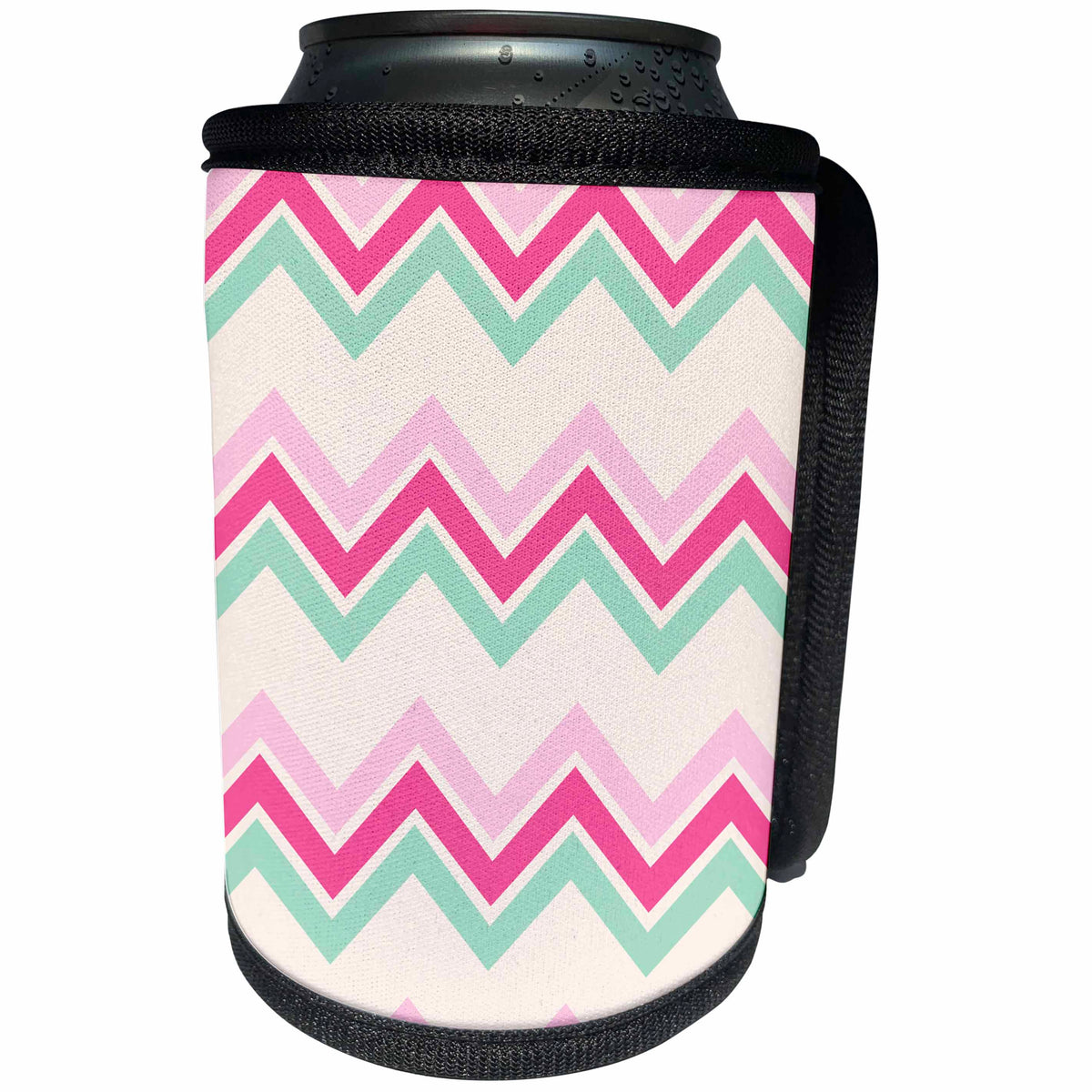 3dRose Anne Marie Baugh - Pattern - Pink, Mint Green, and White Chevron Stripes - Can Cooler Bottle Wrap (cc_267457)