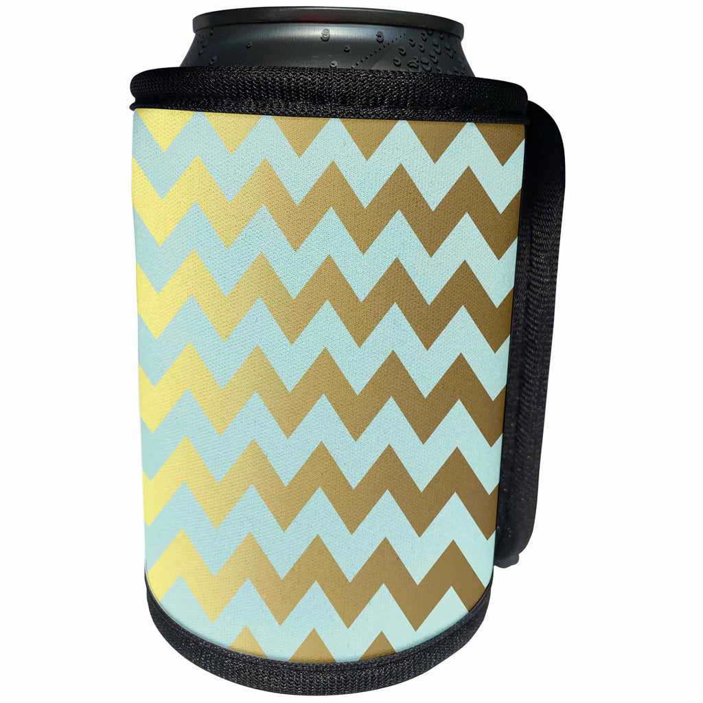 3dRose Anne Marie Baugh - Pattern - Aqua and Gold Chevron Stripes - Can Cooler Bottle Wrap (cc_267458)
