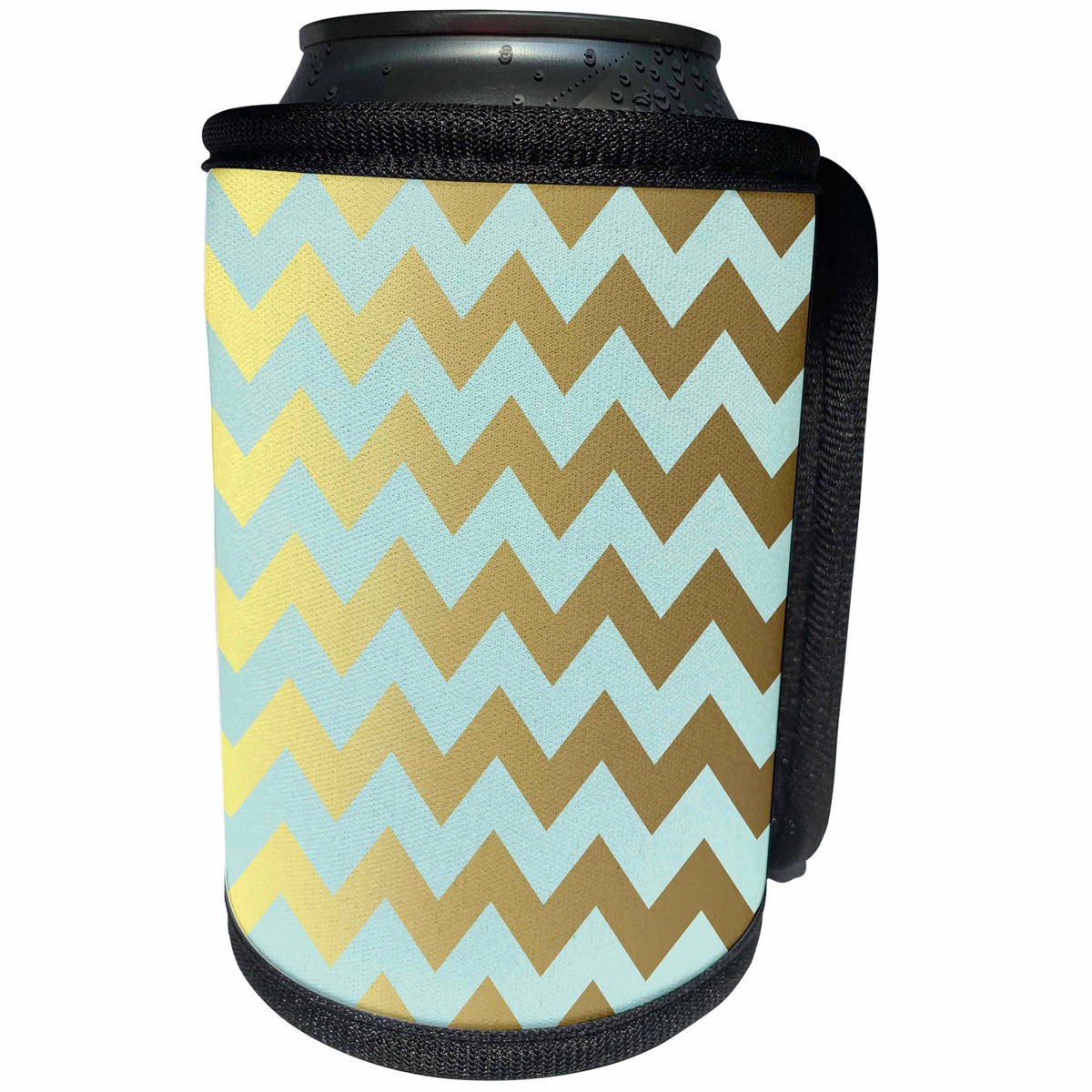 3dRose Anne Marie Baugh - Pattern - Aqua and Gold Chevron Stripes - Can Cooler Bottle Wrap (cc_267458)