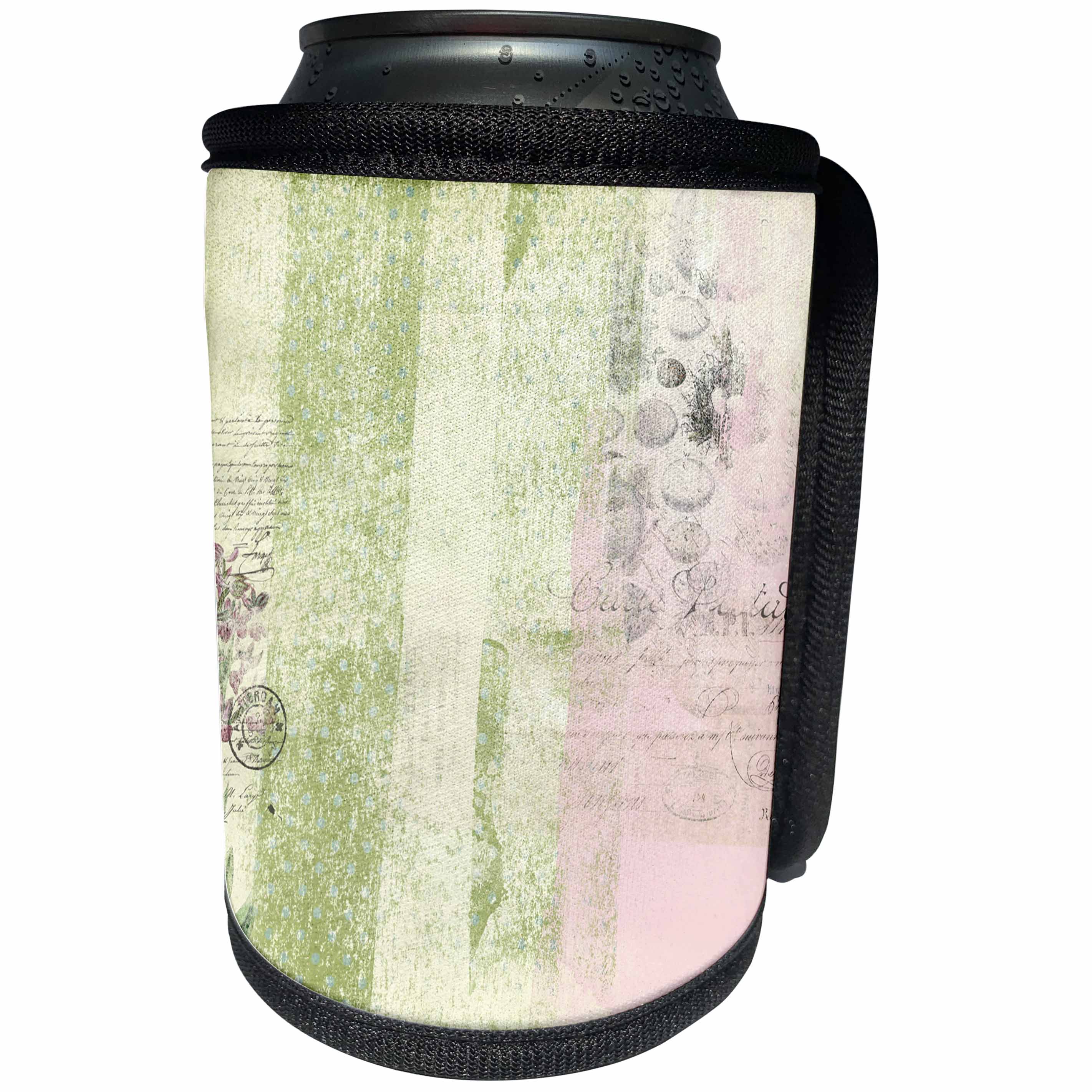 3dRose Anne Marie Baugh - Collage - Pink and Green Grunge Ephemra and Floral Collage - Can Cooler Bottle Wrap (cc_267467)