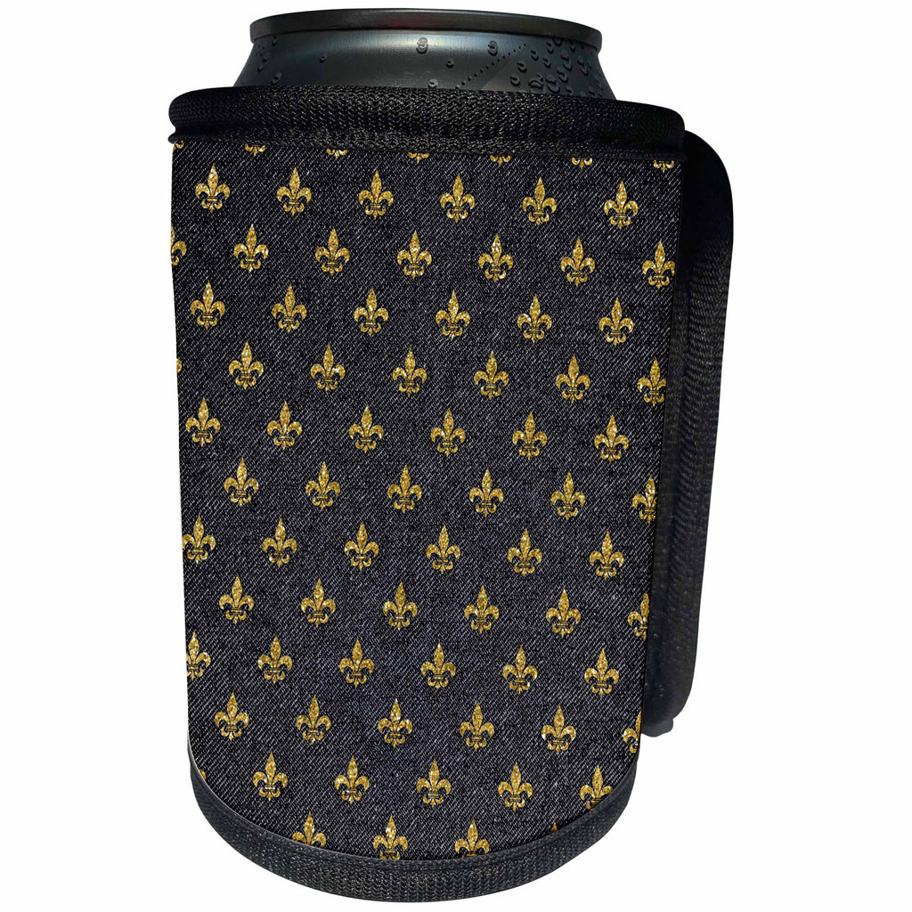 3dRose Anne Marie Baugh - Pattern - Digital Gold Fleur De Lis On A Jean Look Background - Can Cooler Bottle Wrap (cc_267476)