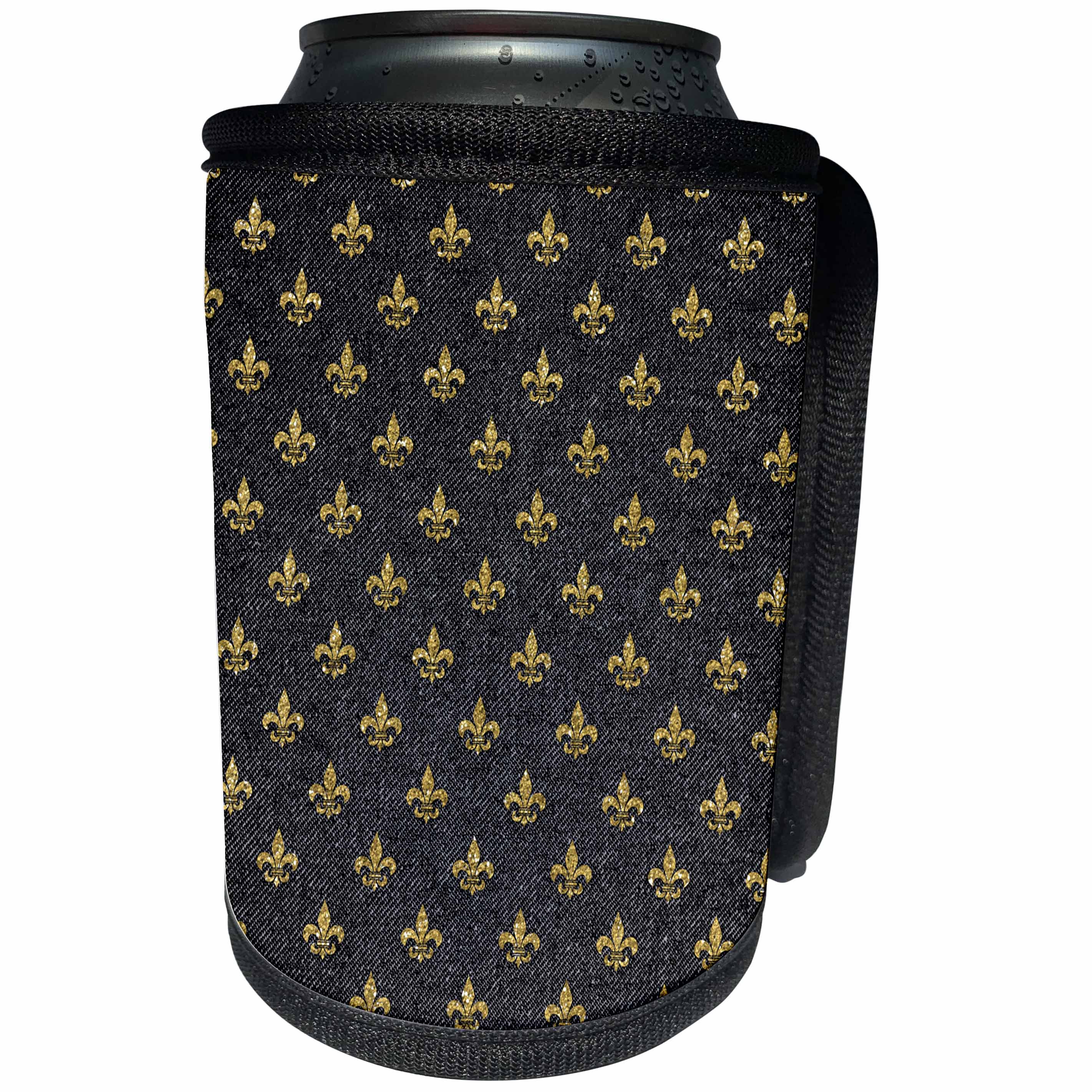 3dRose Anne Marie Baugh - Pattern - Digital Gold Fleur De Lis On A Jean Look Background - Can Cooler Bottle Wrap (cc_267476)