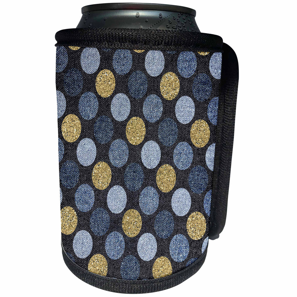 3dRose Anne Marie Baugh - Pattern - Gold and Blue Large Contemporary Dots On A Jean Look Background - Can Cooler Bottle Wrap (cc_267478)