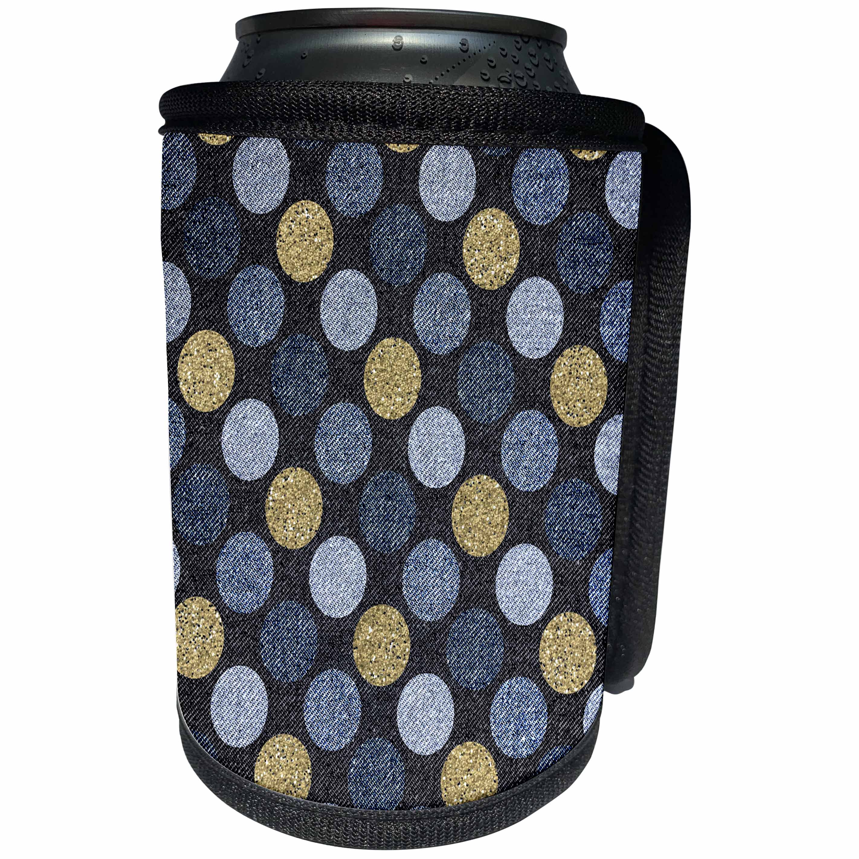 3dRose Anne Marie Baugh - Pattern - Gold and Blue Large Contemporary Dots On A Jean Look Background - Can Cooler Bottle Wrap (cc_267478)