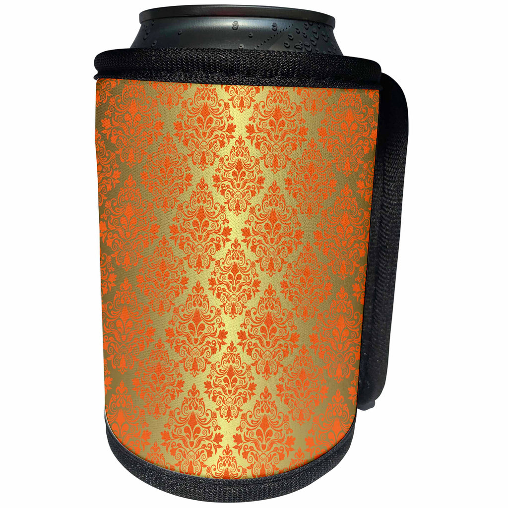 3dRose Anne Marie Baugh - Pattern - Digital Gold and Orange Damask Pattern - Can Cooler Bottle Wrap (cc_267480)