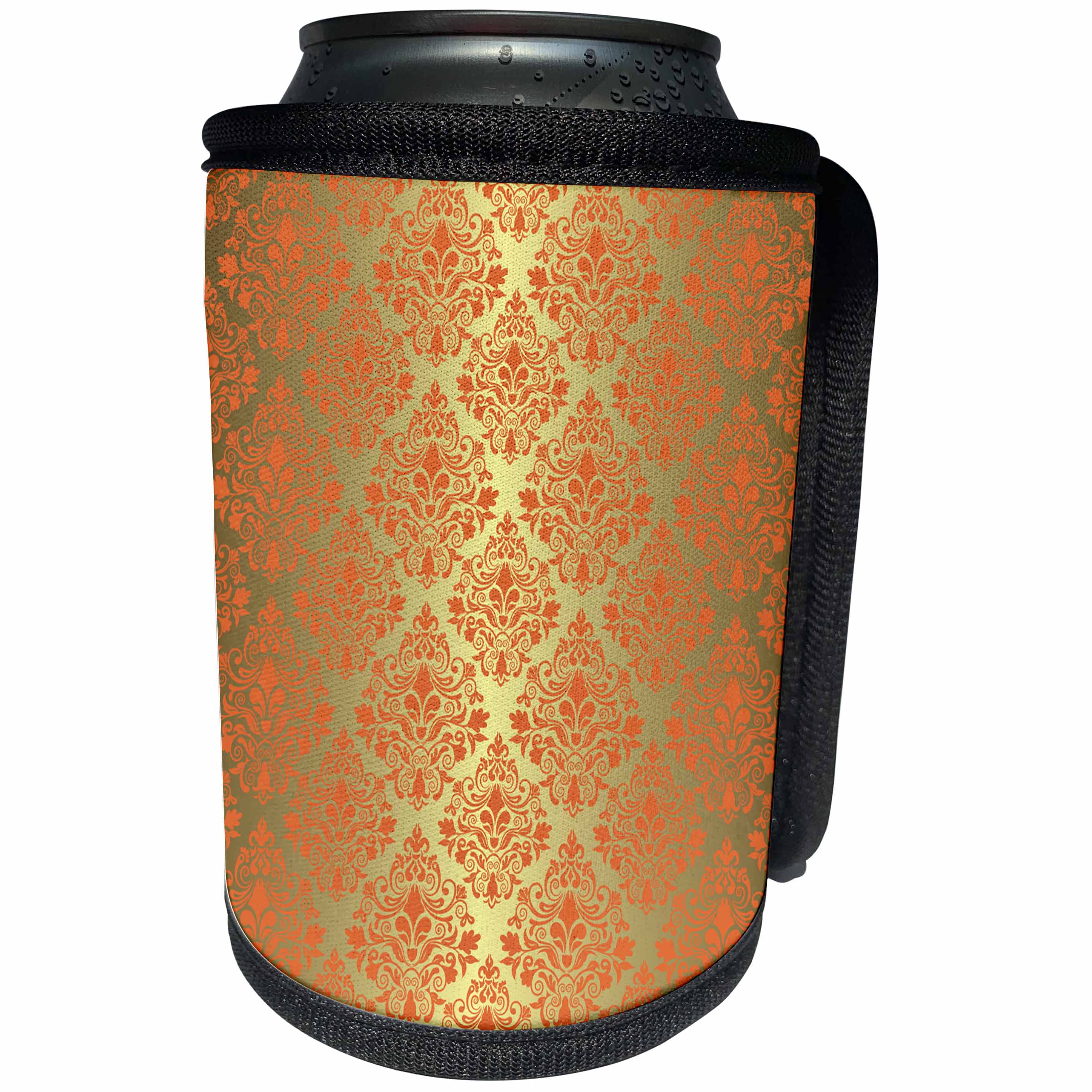 3dRose Anne Marie Baugh - Pattern - Digital Gold and Orange Damask Pattern - Can Cooler Bottle Wrap (cc_267480)