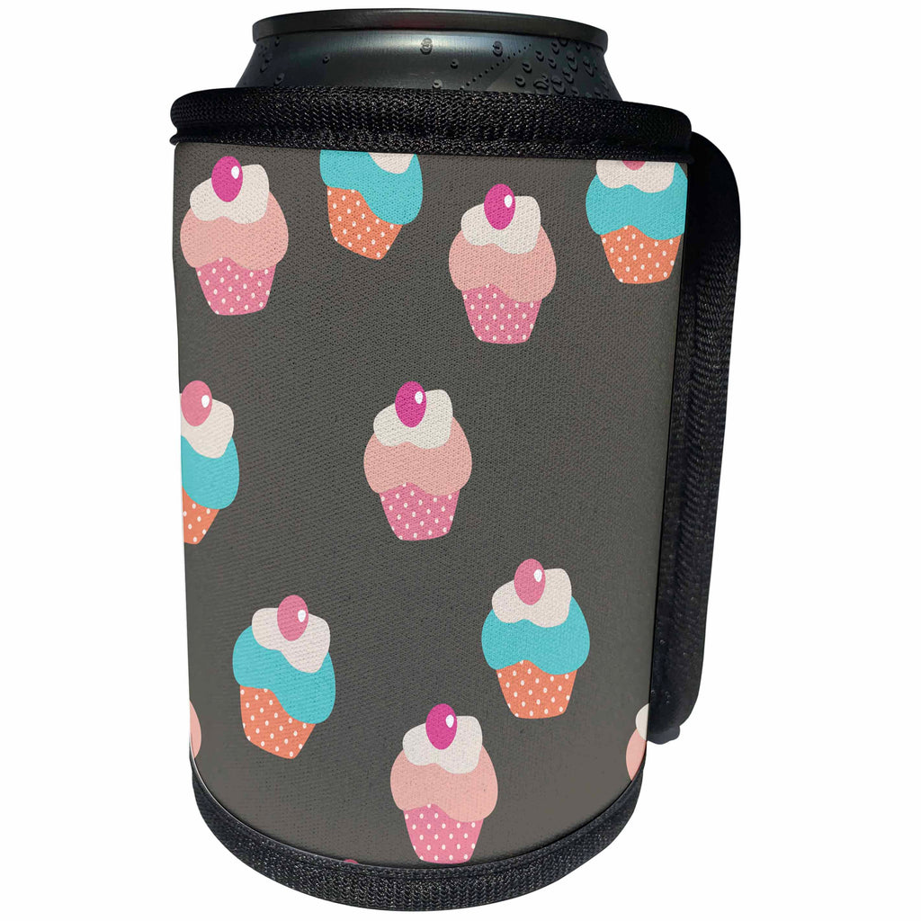 3dRose Anne Marie Baugh - Pattern - Cute Pink, Light Blue, Orange Cupcakes Pattern - Can Cooler Bottle Wrap (cc_267481)