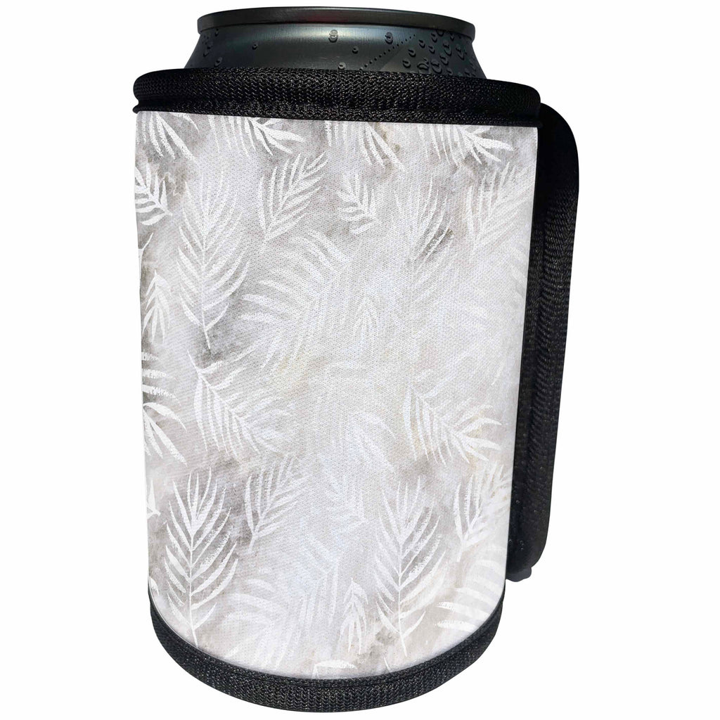 3dRose Anne Marie Baugh - Pattern - Image of Grunge White On White Tropical Leaves Pattern - Can Cooler Bottle Wrap (cc_267584)