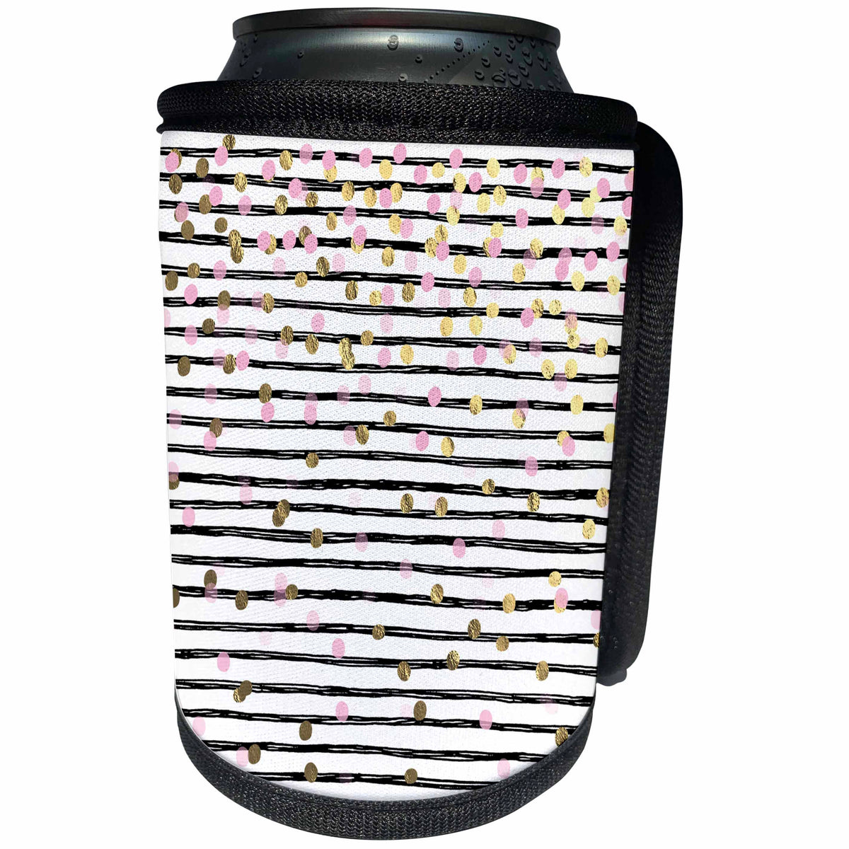 3dRose Anne Marie Baugh - Pattern - Image of Black and White Hand Painted Stripes With Gold and Pink Confetti - Can Cooler Bottle Wrap (cc_267610)