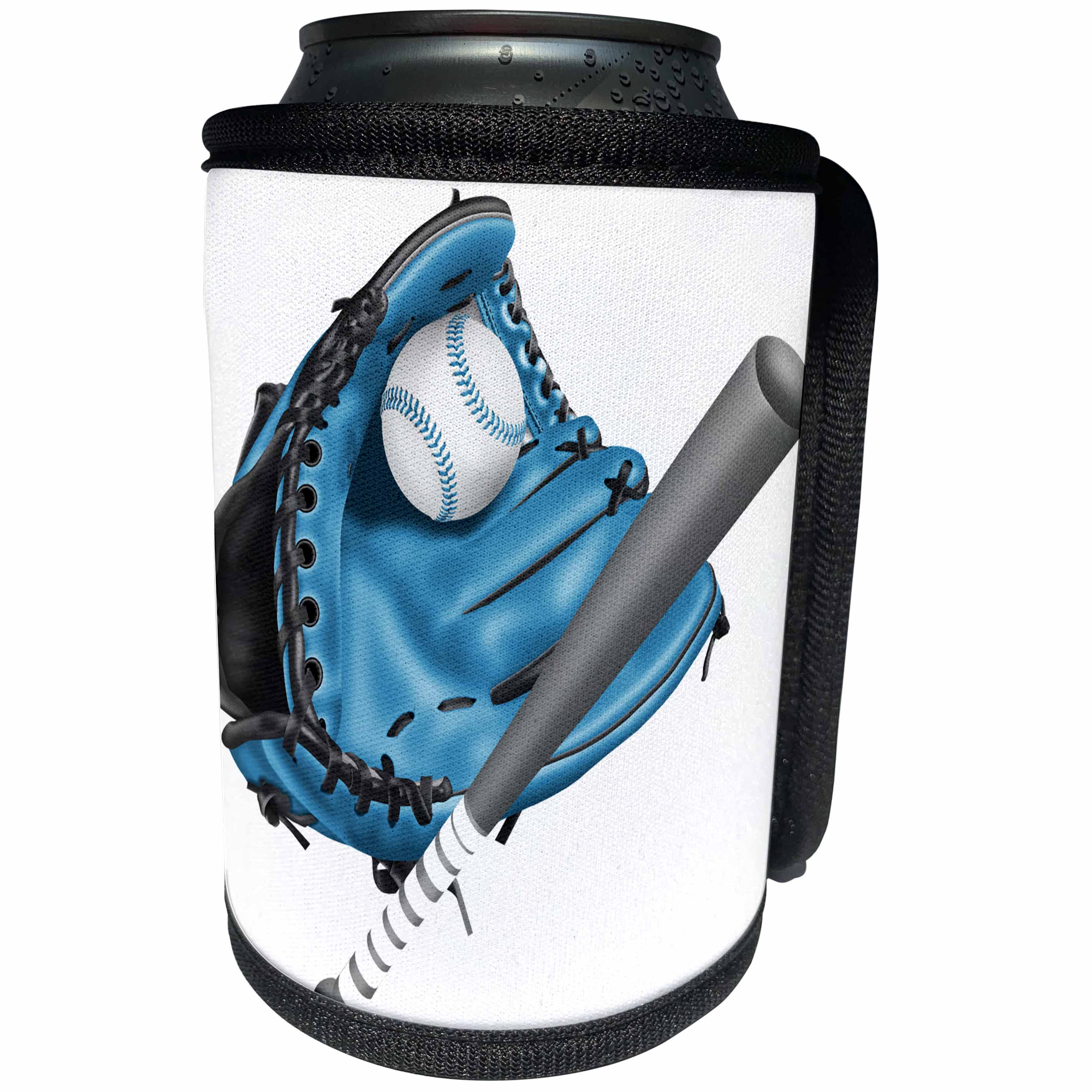 3dRose Anne Marie Baugh - Illustrations - Blue Baseball Mitt, Baseball, and Baseball Bat Illustration - Can Cooler Bottle Wrap (cc_267618)