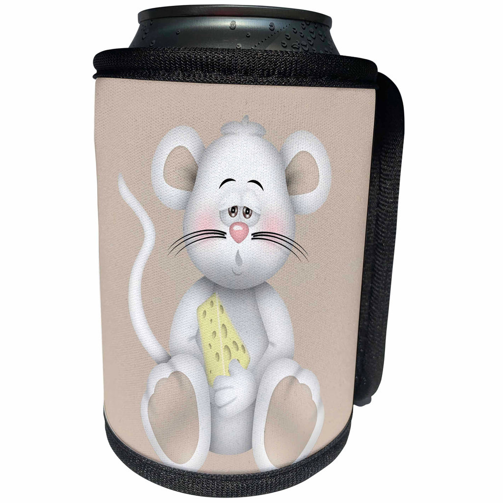 3dRose Anne Marie Baugh - Illustrations - Cute White Mouse Holding Cheese Illustration - Can Cooler Bottle Wrap (cc_267626)